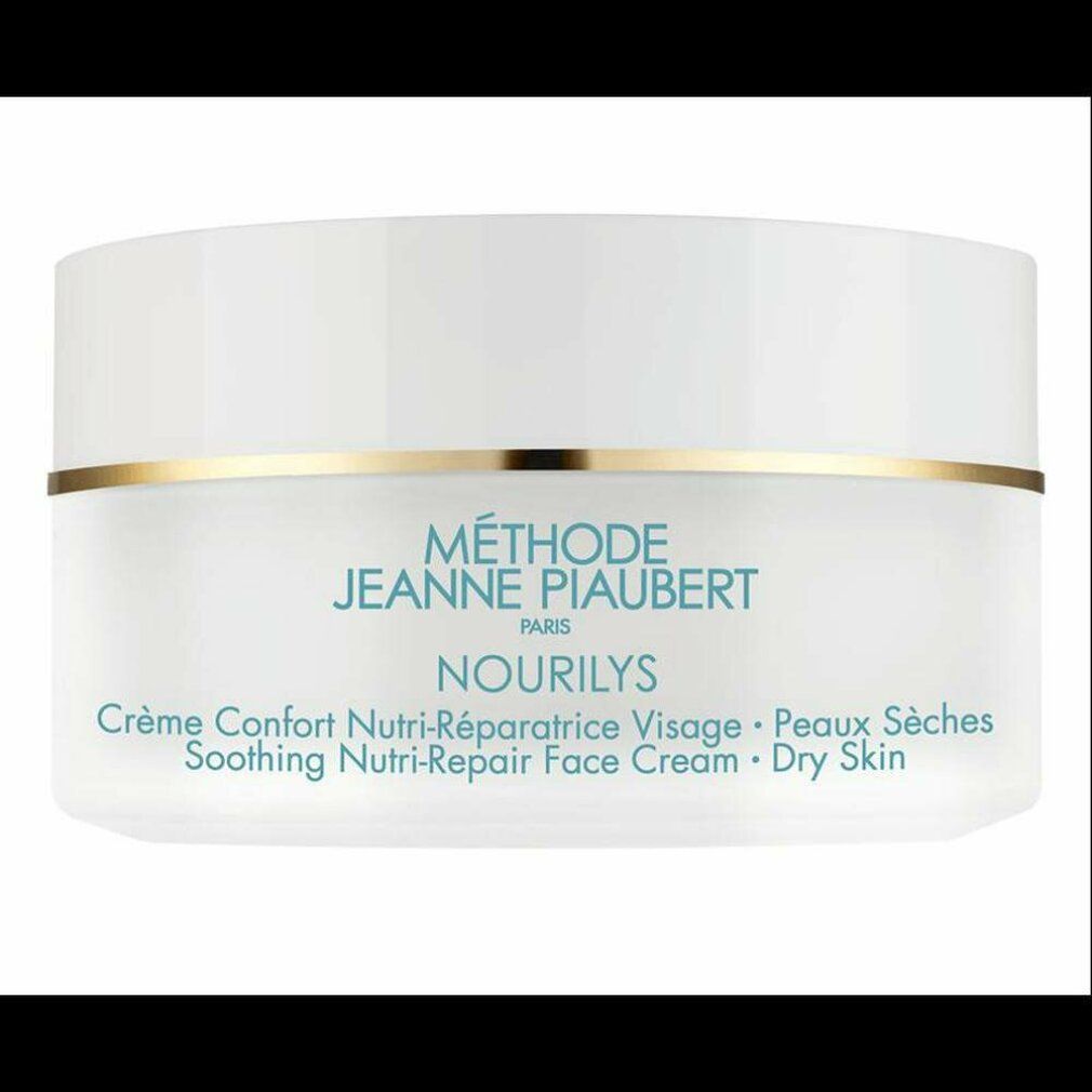 Creme-Tiegel mit weißem Deckel und transparentem Behälter. Goldener Ring. Text: Nourilys, Crème confort nutri-réparatrice visage - Peaux sèches.