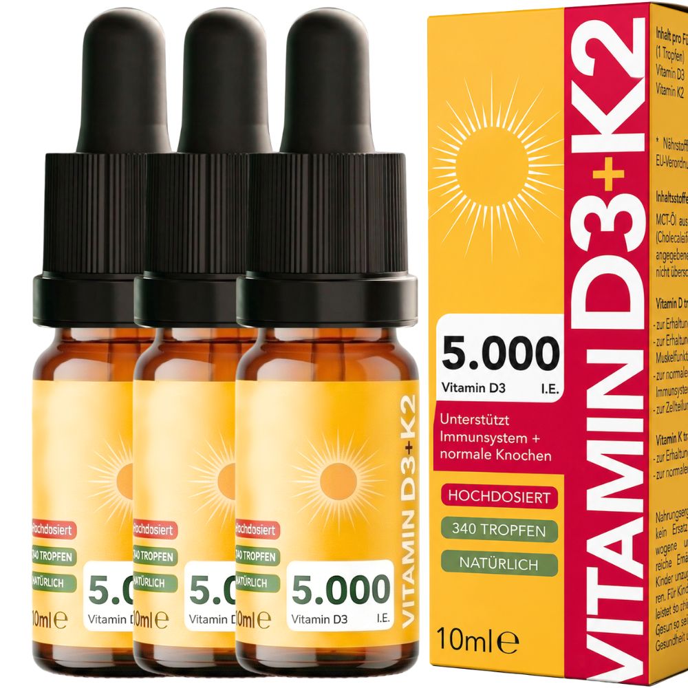 SOS-Apo Vitamin D3 + K2 Tropfen hochdosiert 5.000 I.e. 100 µg Mk-7, vegan, MCT-Öl 3x10 ml