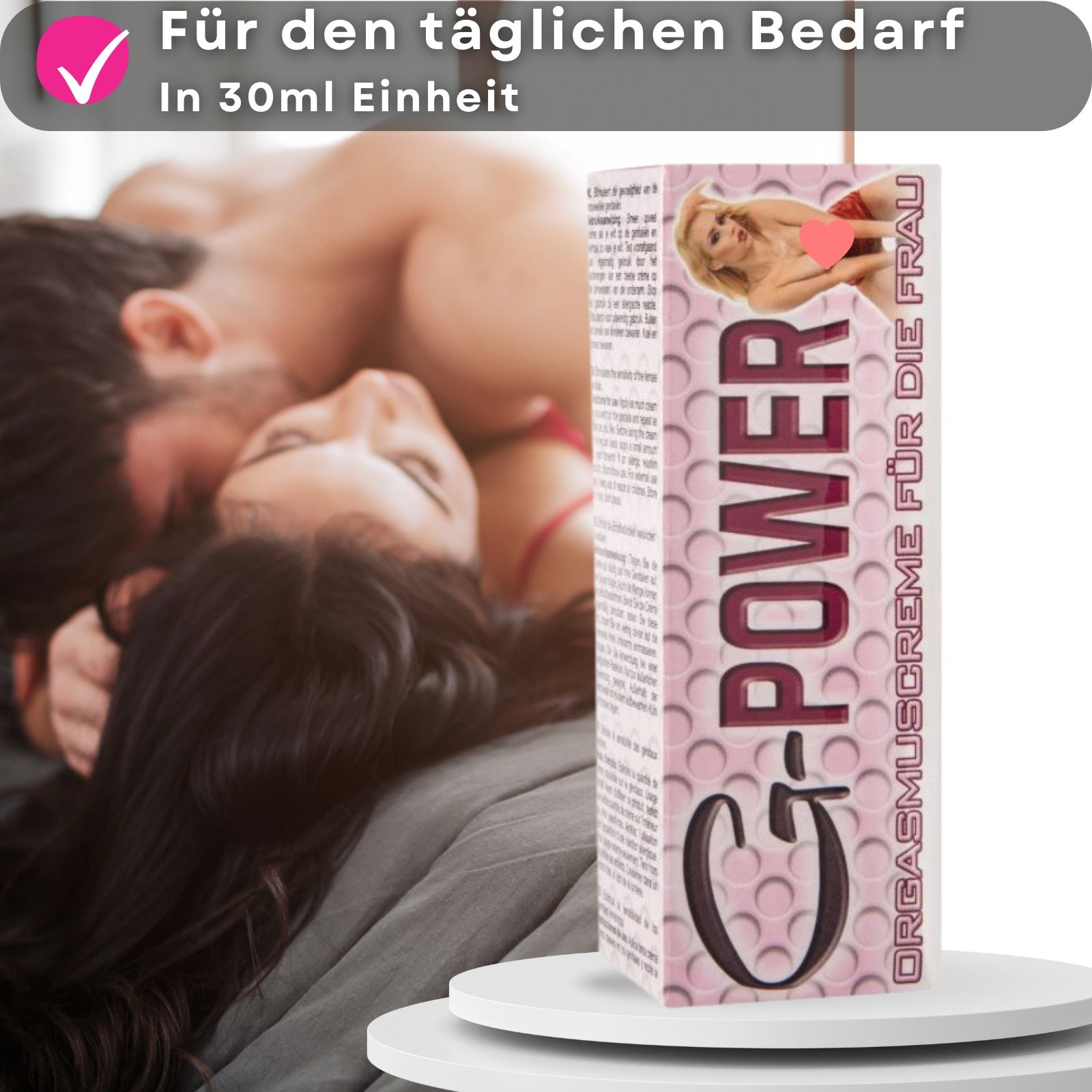 Creme-Tube mit roter Kappe. Text: G-POWER, ORGASM CREAM FOR WOMEN. Box mit Text: ORGASMUSCREME FÜR DIE FRAU. Hintergrund: Paar.