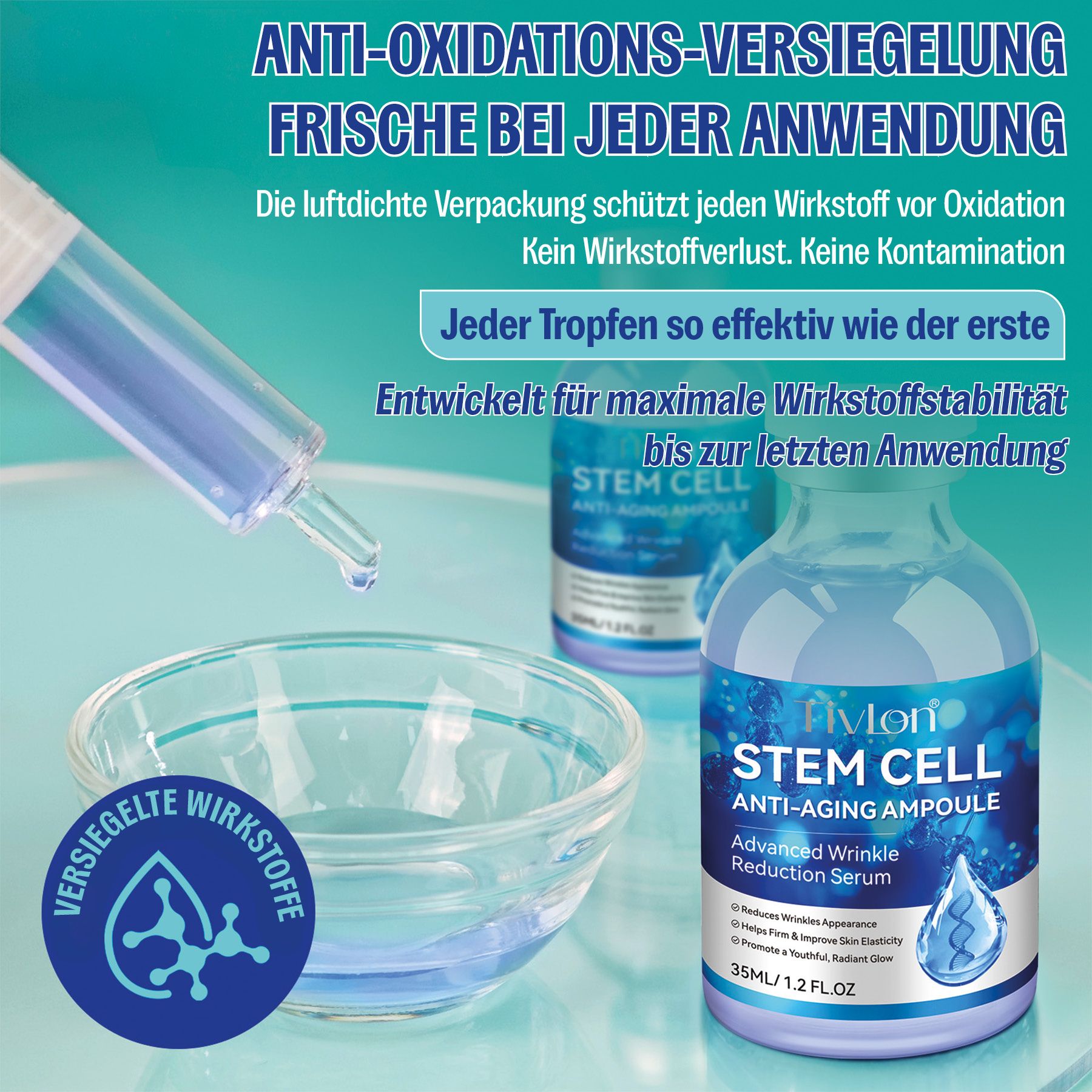 TivLon Stem Cell Anti-Aging Ampulle: Luftdichte Verpackung schützt Wirkstoffe. Jeder Tropfen ist effektiv.