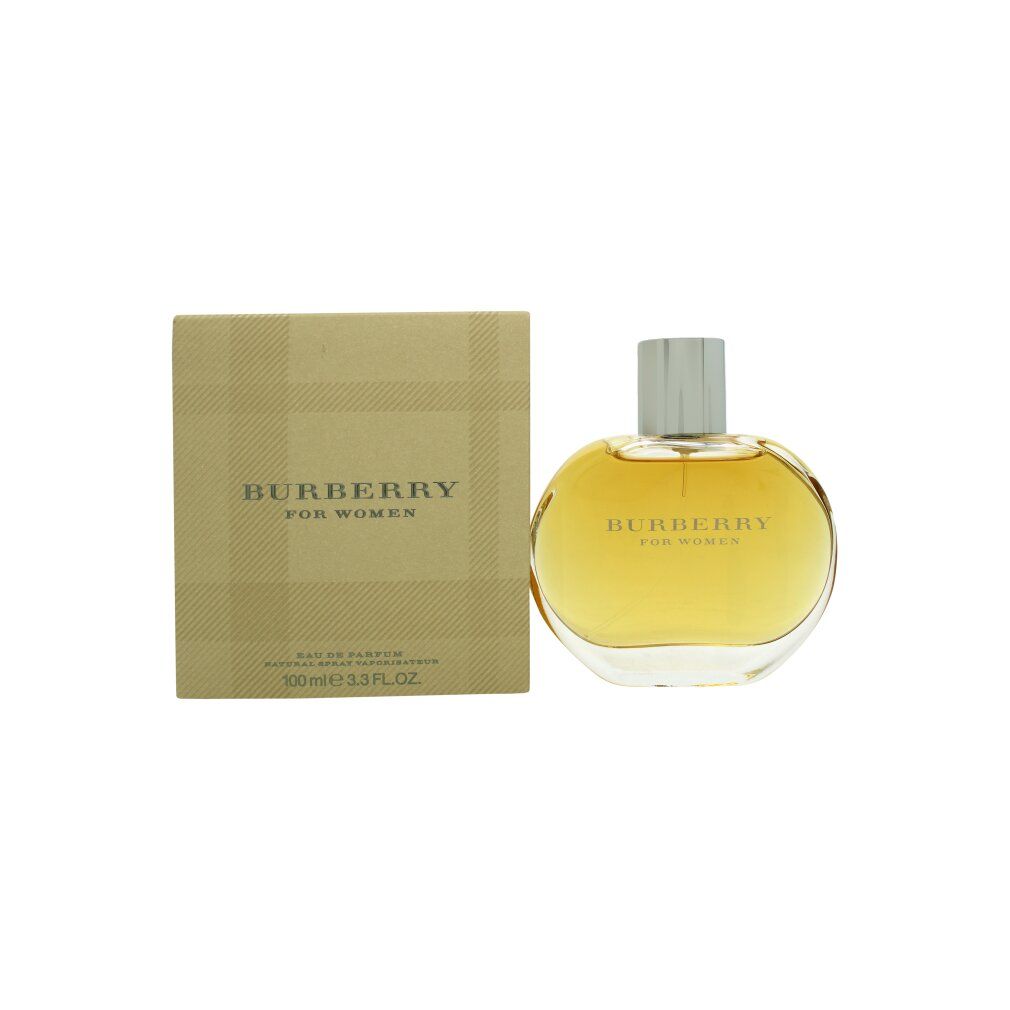 Burberry Eau de Parfum Damenduft. Runde Flasche mit silbernem Verschluss und beigem Karton. Text: Burberry For Women.