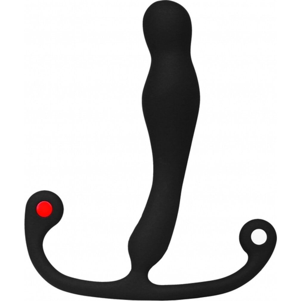 Schwarzes, T-förmiges Wellness-Produkt. Ein Ende mit rotem Knopf, das andere mit weißem. Geformt für den Intimbereich.