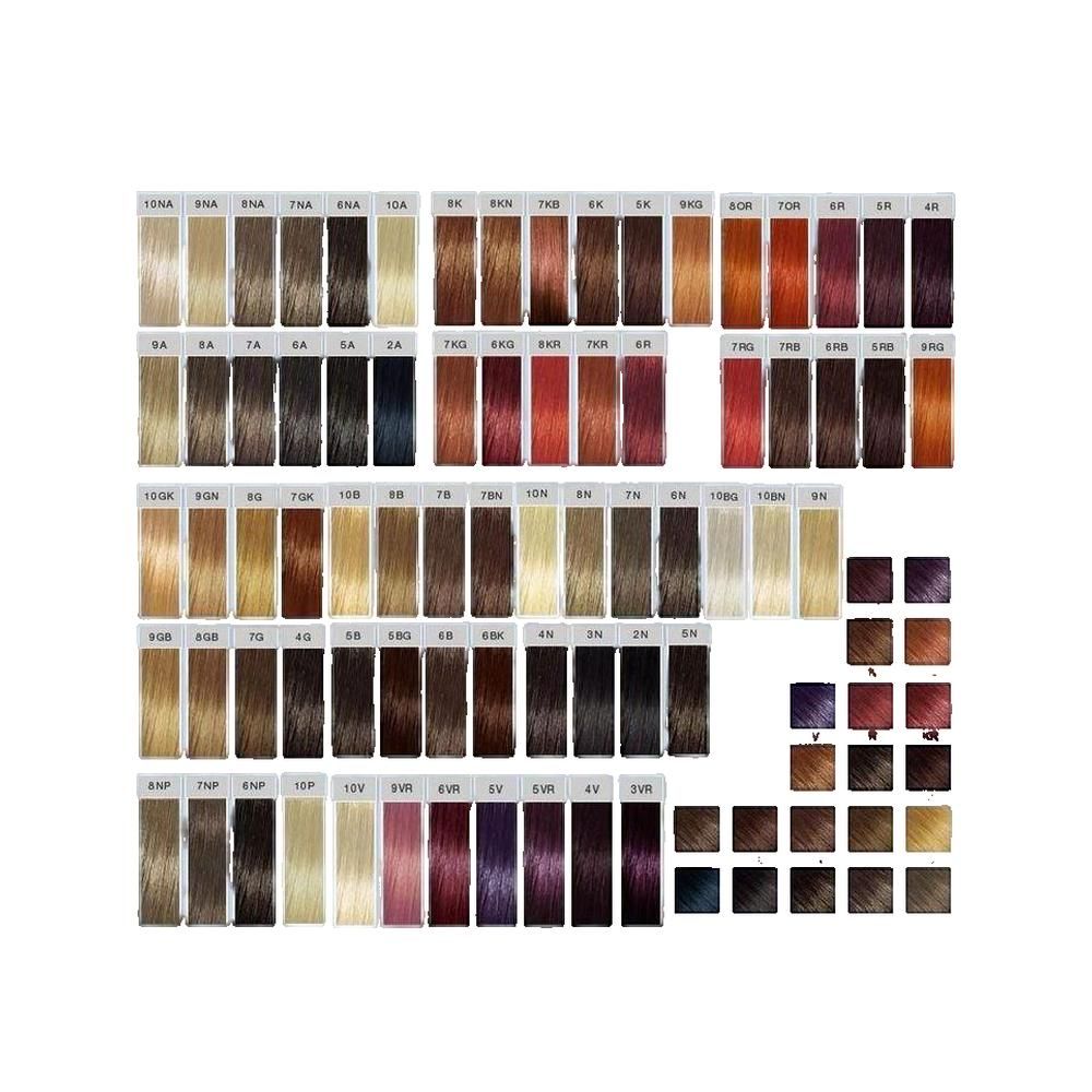 Haarfarben-Palette mit verschiedenen Farbtönen. Farbproben in Reihen und Spalten angeordnet, mit Farbnummern.