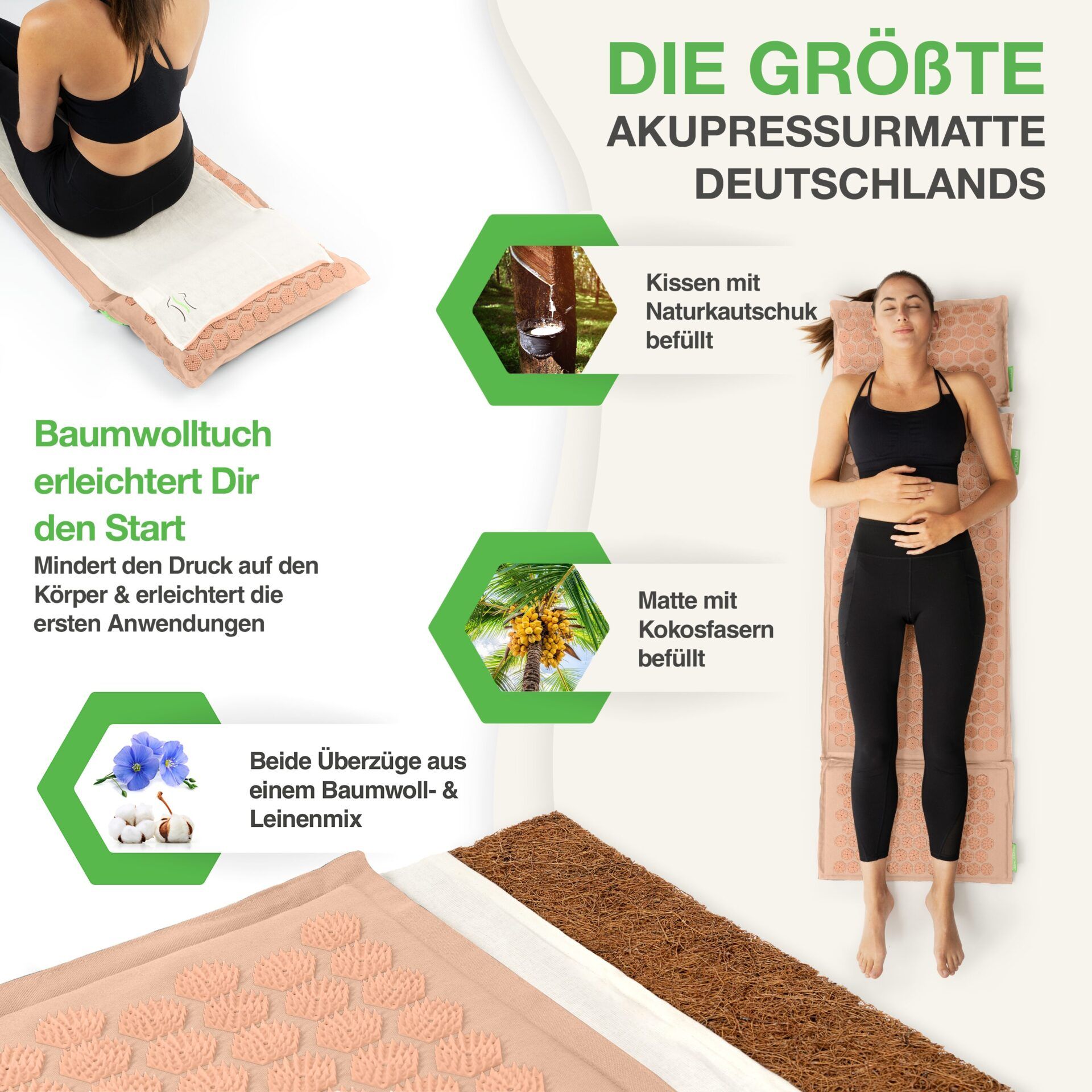 Frau liegt auf Akupressurmatte. Text: Die größte Akupressurmatte Deutschlands. Baumwolltuch, Kokosfasern.
