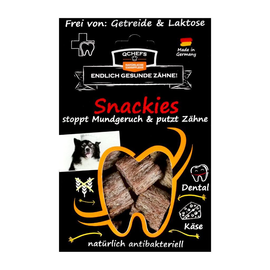Verpackung mit Snackies. Text: 'Endlich gesunde Zähne!' und 'Snackies stoppt Mundgeruch & putzt Zähne'.