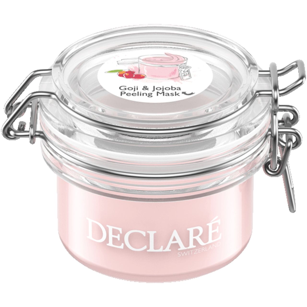 Glasbehälter mit rosa Inhalt und Deckel. Aufschrift DECLARE und Goji & Jojoba Peeling Mask.