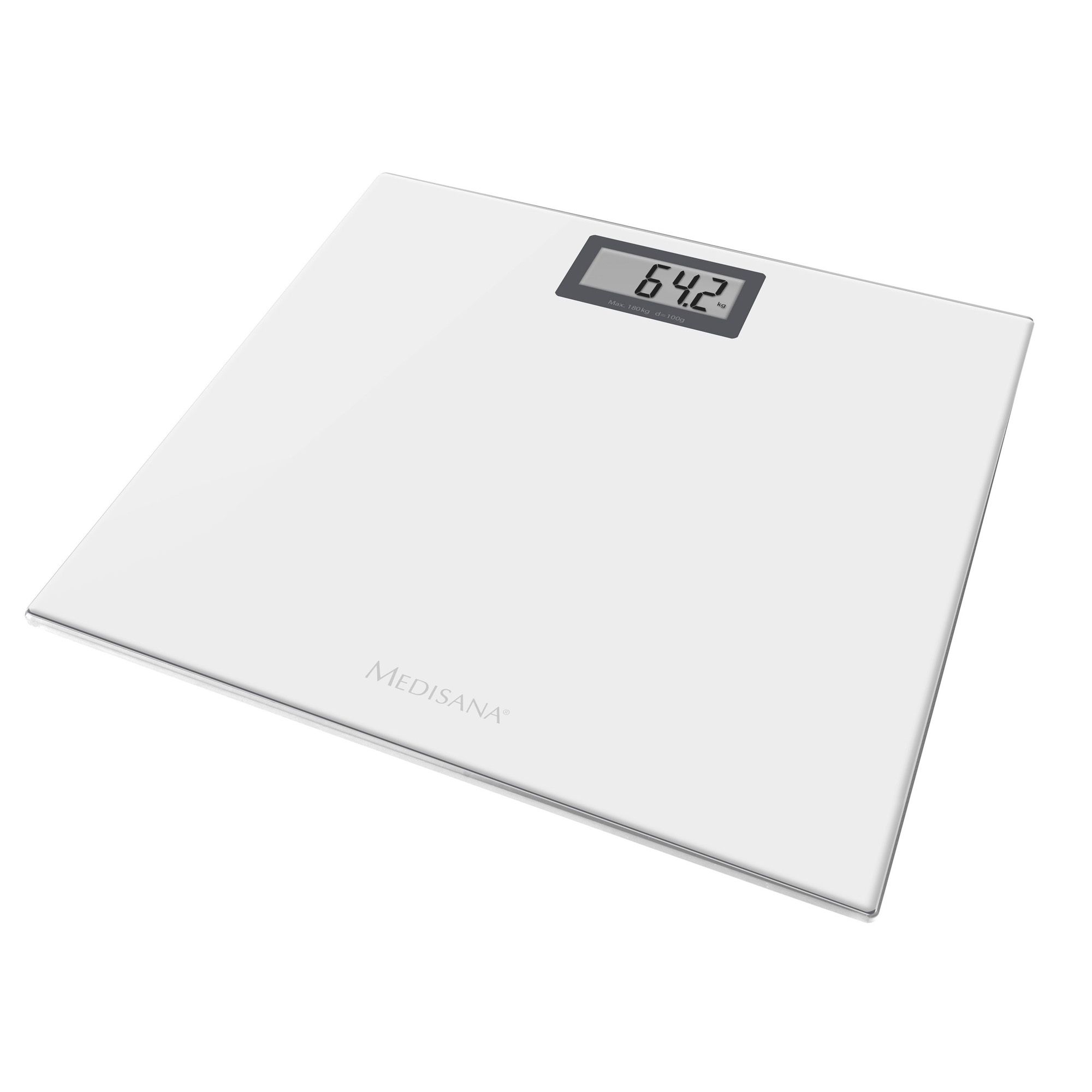 Digitale Personenwaage, weiße Oberfläche. Anzeige: 64,2 kg. Marke: Medisana.