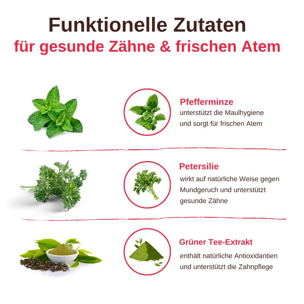 Funktionelle Zutaten für Zahnpflege: Minze, Petersilie und grüner Tee-Extrakt.