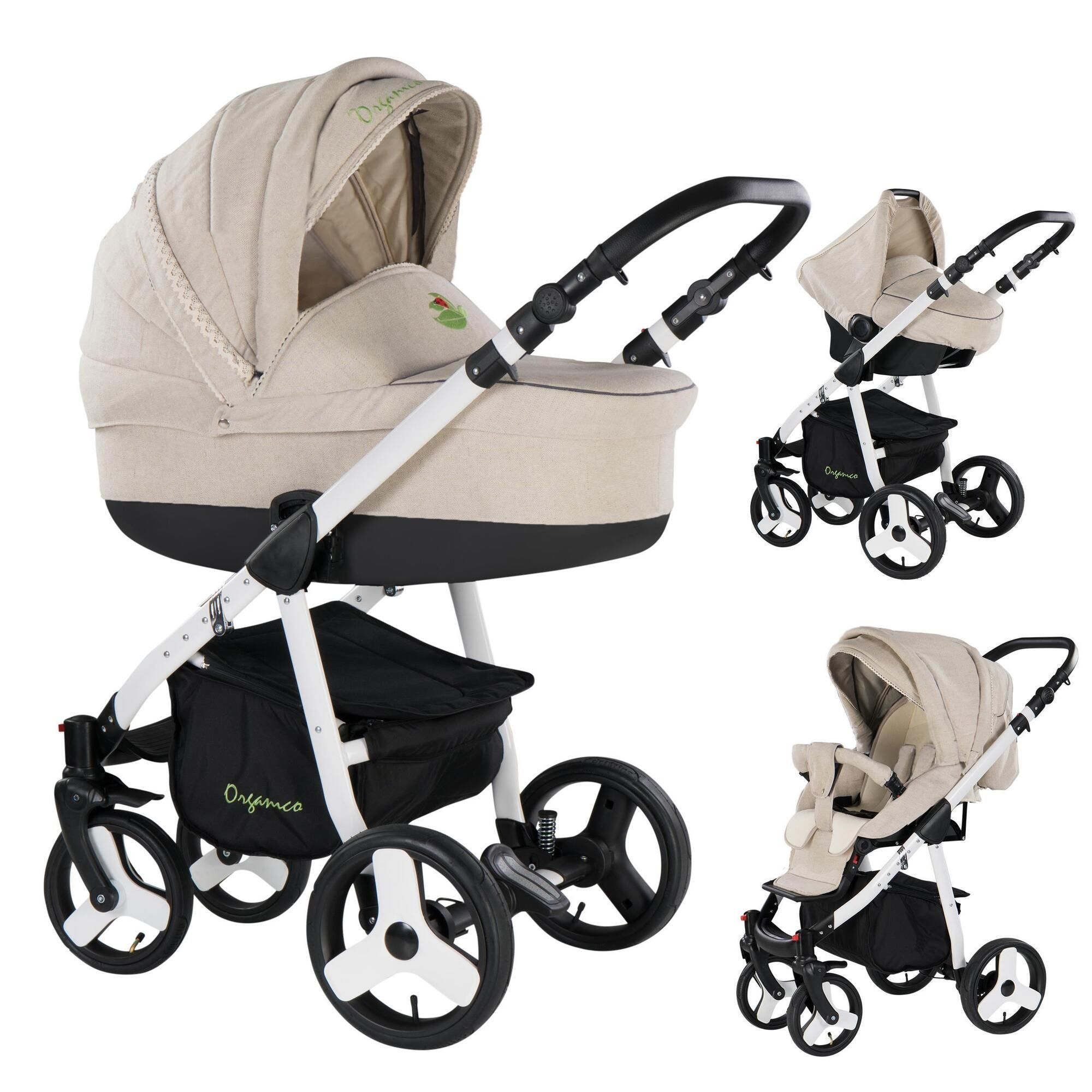 Friedrich Hugo Organico 3 in 1 Kinderwagen Set, Natureline Beige - Gestell Weiß
