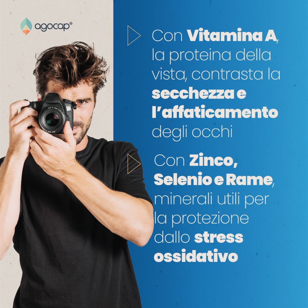 Uomo con fotocamera. Testo: Con vitamina A, zinco, selenio e rame. Aiuta contro la secchezza oculare e lo stress ossidativo.