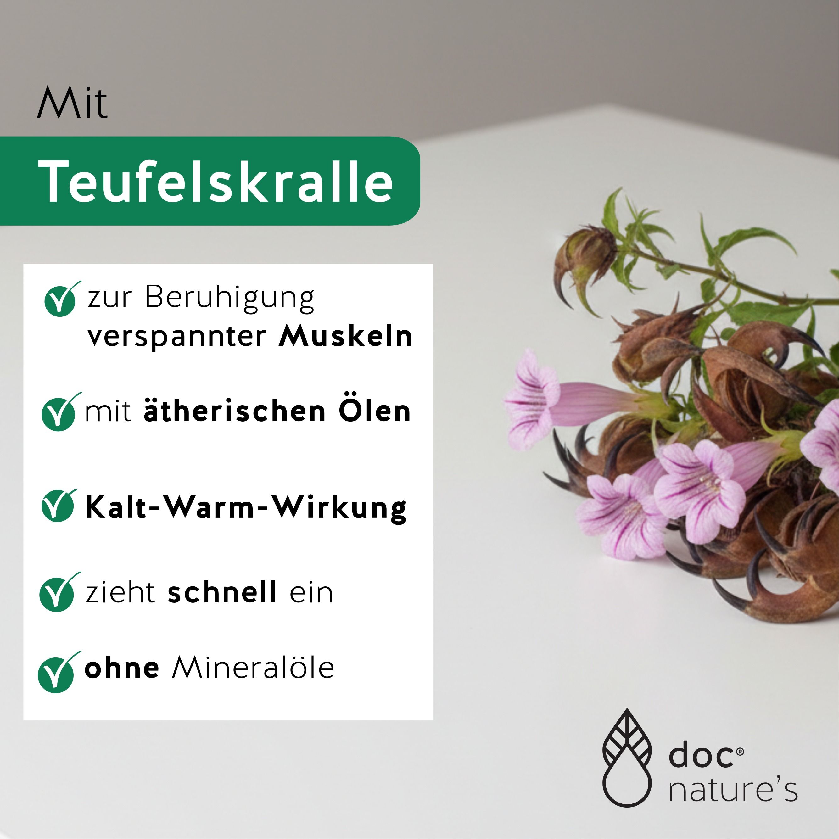 Produkt mit Teufelskralle. Text: zur Beruhigung verspannter Muskeln, mit ätherischen Ölen, Kalt-Warm-Wirkung, zieht schnell ein, ohne Mineralöle.