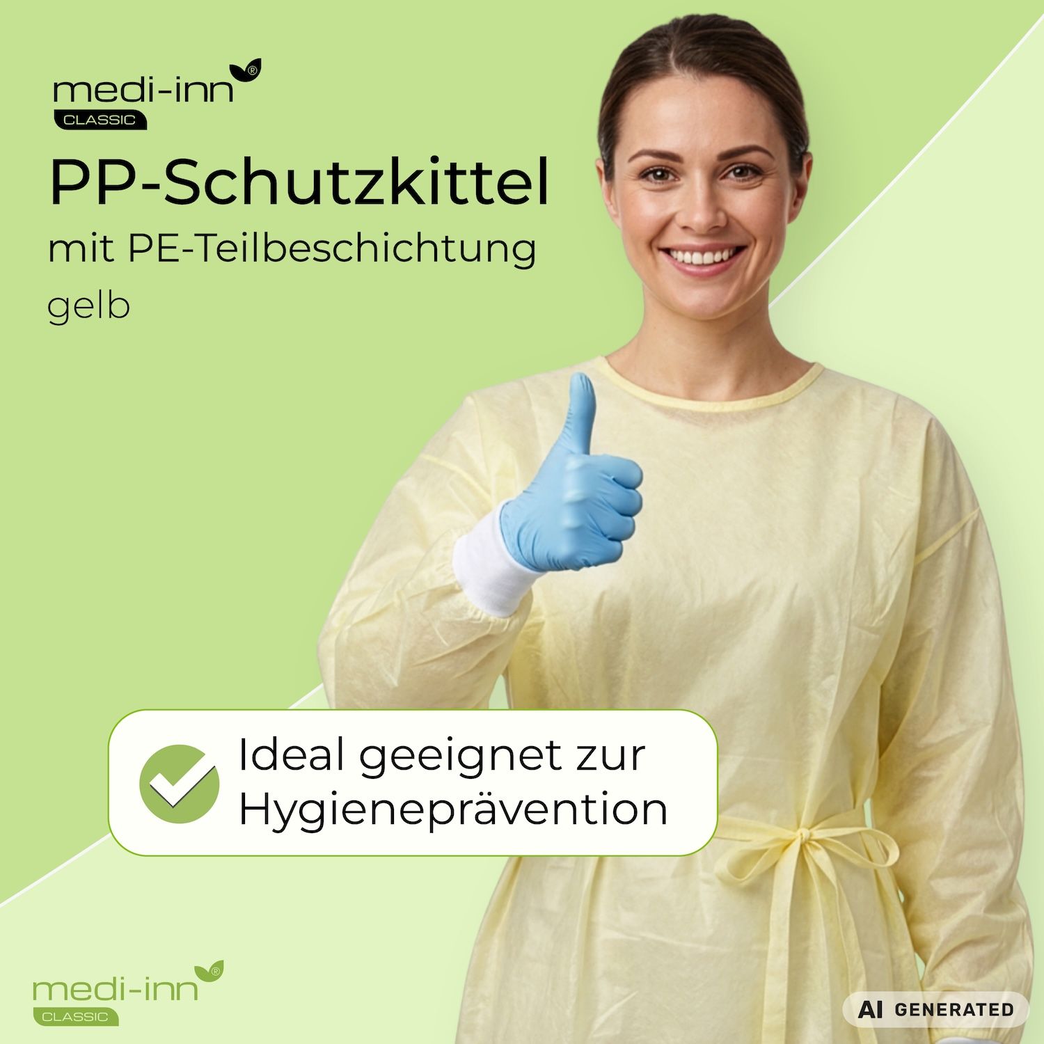 Gelber PP-Schutzkittel mit PE-Teilbeschichtung, von Frau mit blauen Handschuhen und Daumen hoch getragen.