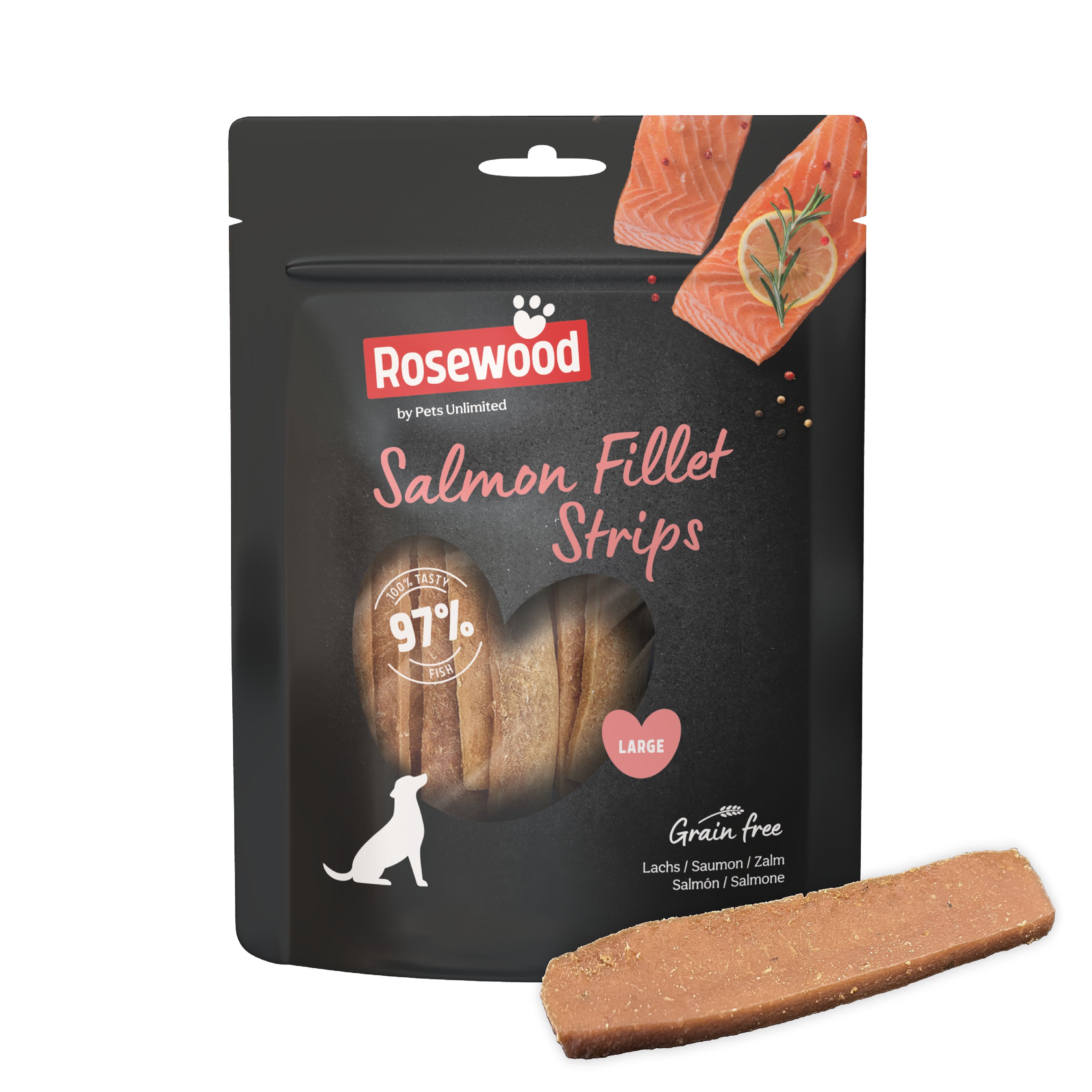 Schwarzer Beutel mit Lachs-Filet-Streifen. Aufdruck: Rosewood, 97%, Large, getreidefrei. Einzelner Streifen daneben.