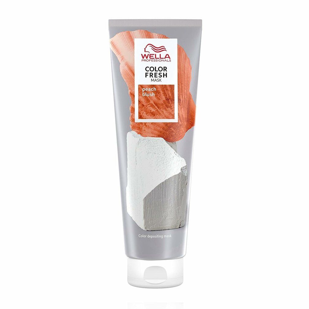 Silberne Tube mit Wella Color Fresh Mask Natural Peach Blush. Produktname und Farbe auf der Tube. Farbabbildung.