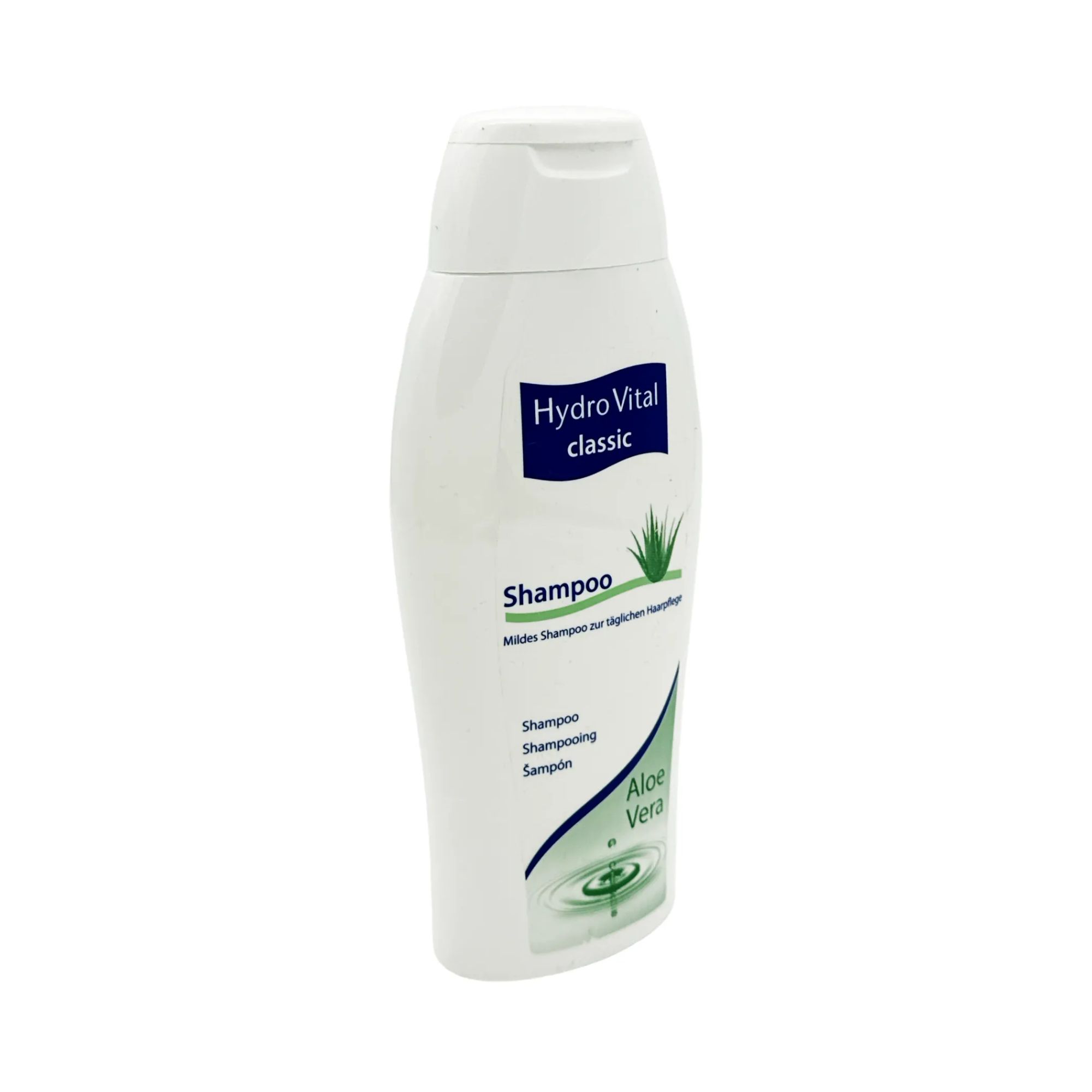 Weiße Shampoo-Flasche mit blauem Etikett. Aufschrift: Hydro Vital classic, Shampoo, Aloe Vera. Grün-weiße Grafik.