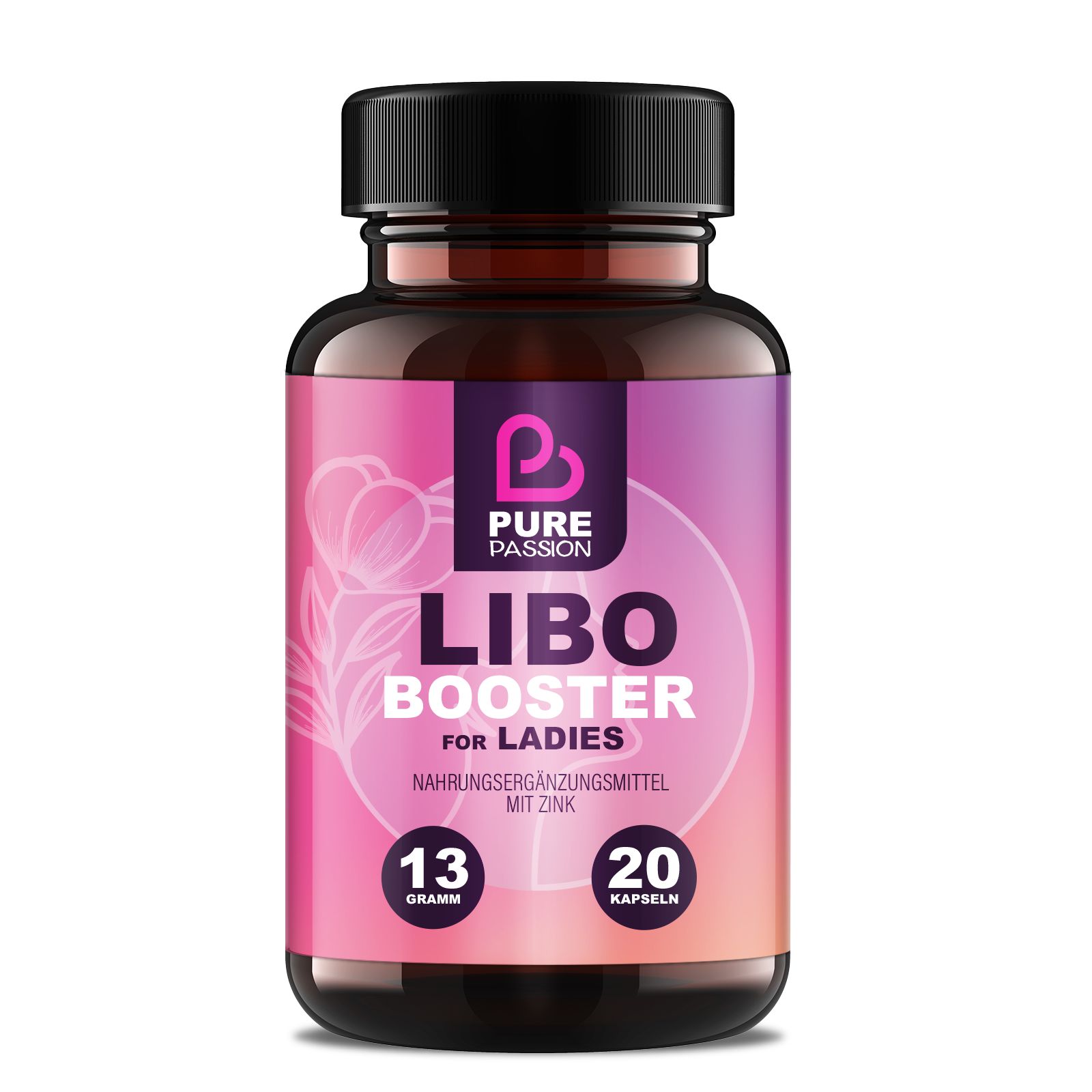 Braune Flasche mit Kapseln. Aufschrift: Libo Booster for Ladies, 13 Gramm, 20 Kapseln. Mit Zink.