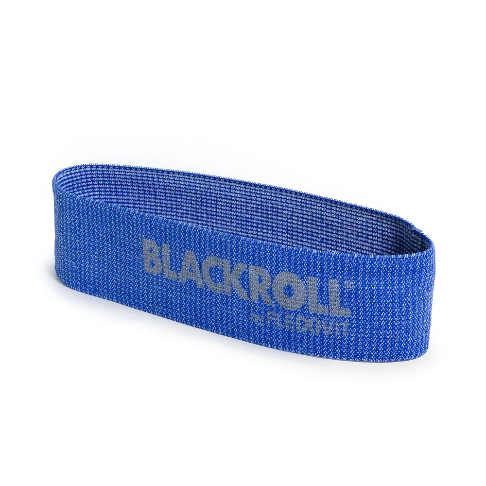 Blaues BLACKROLL Loop Band. Textilband mit Logo. Rechteckige Form, geschlossener Ring.