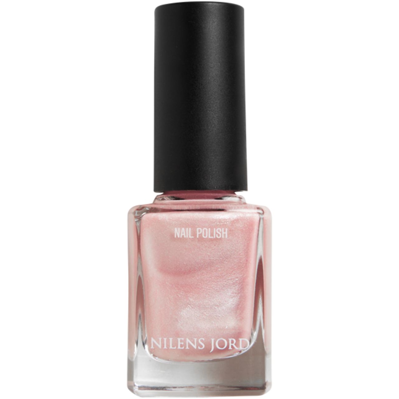 Nagellackflasche mit rosa Inhalt und schwarzem Deckel. Aufschrift: Nail Polish, Nilens Jord.