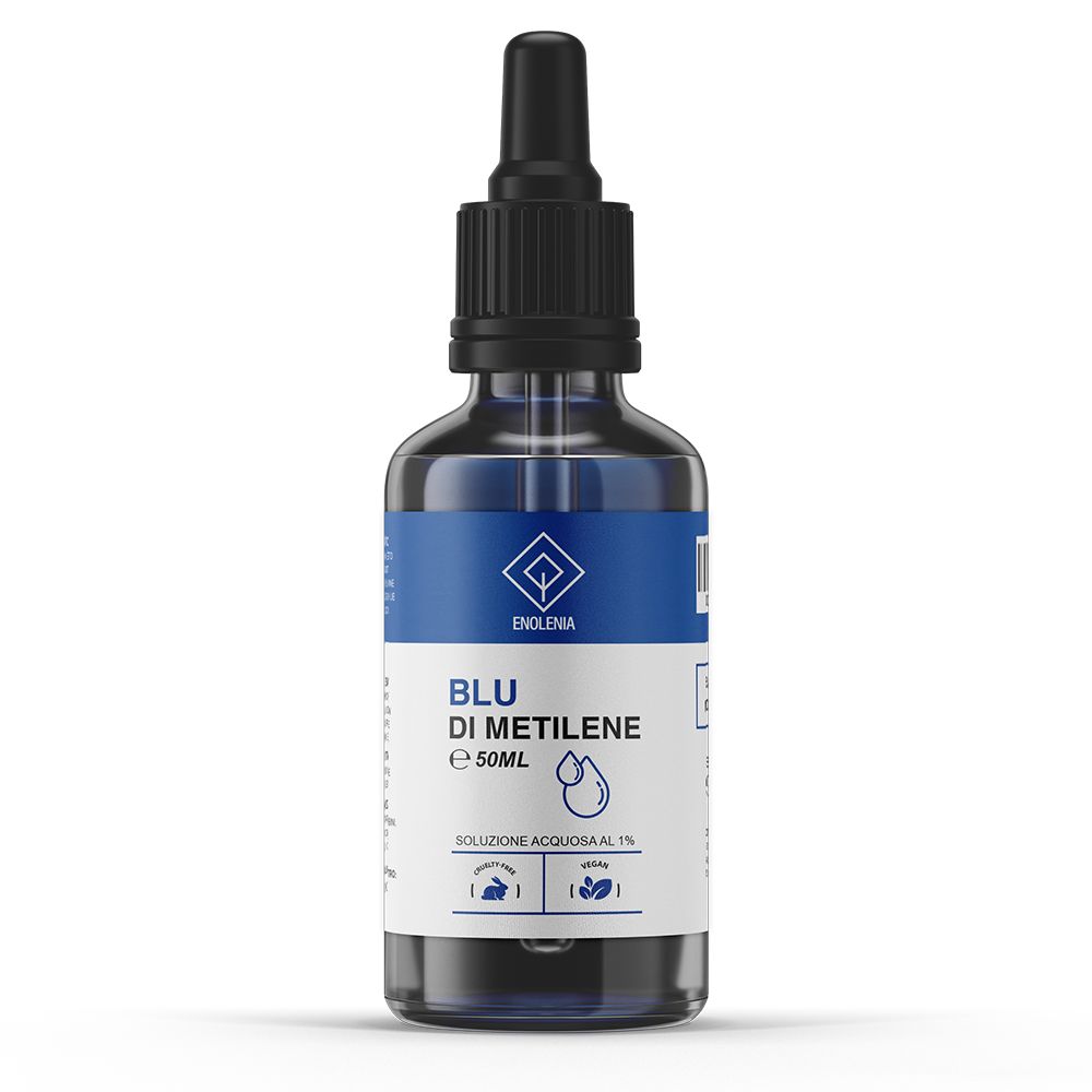 Flacone di vetro marrone con fascia blu e contagocce nero. Scritta: Blu di Metilene, e 50ml, soluzione acquosa all'1%.