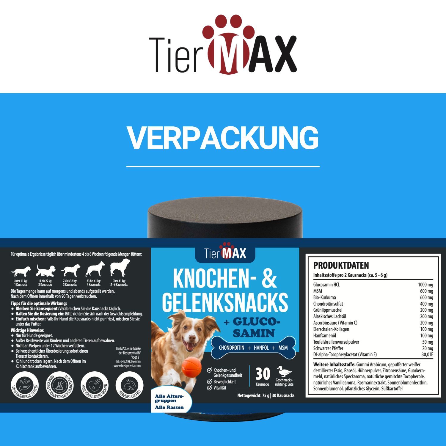 Dose TierMAX Knochen- & Gelenksnacks. Text: Verpackung. Produktinformationen. Illustrationen von Hunden.