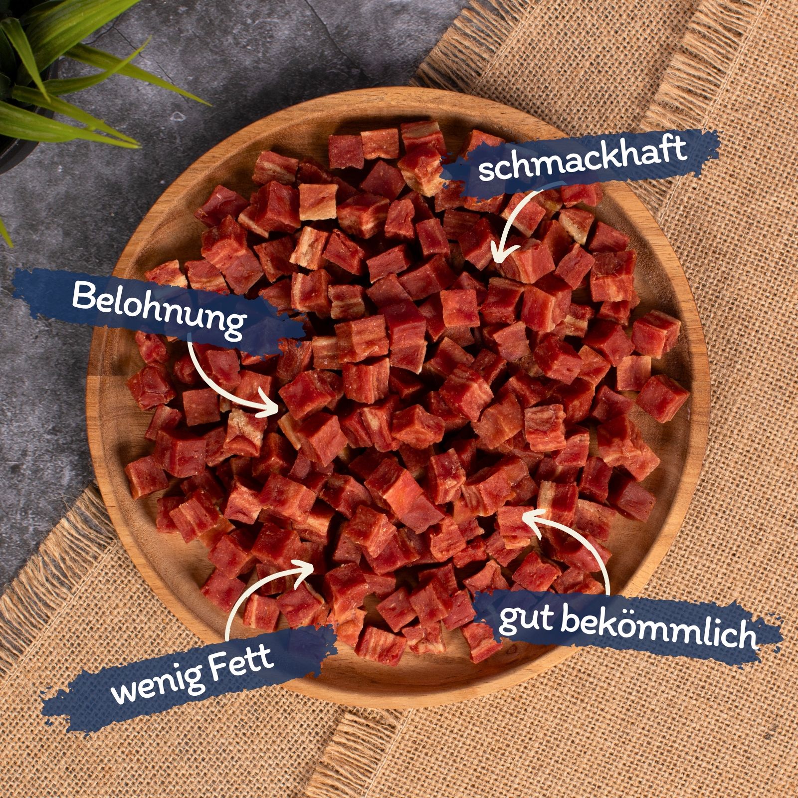 Lyra Pet® Entenfleischwürfel mit Fisch auf einem Holzteller, beschriftet mit 'Belohnung', 'schmackhaft', 'wenig Fett', 'gut bekömmlich'.