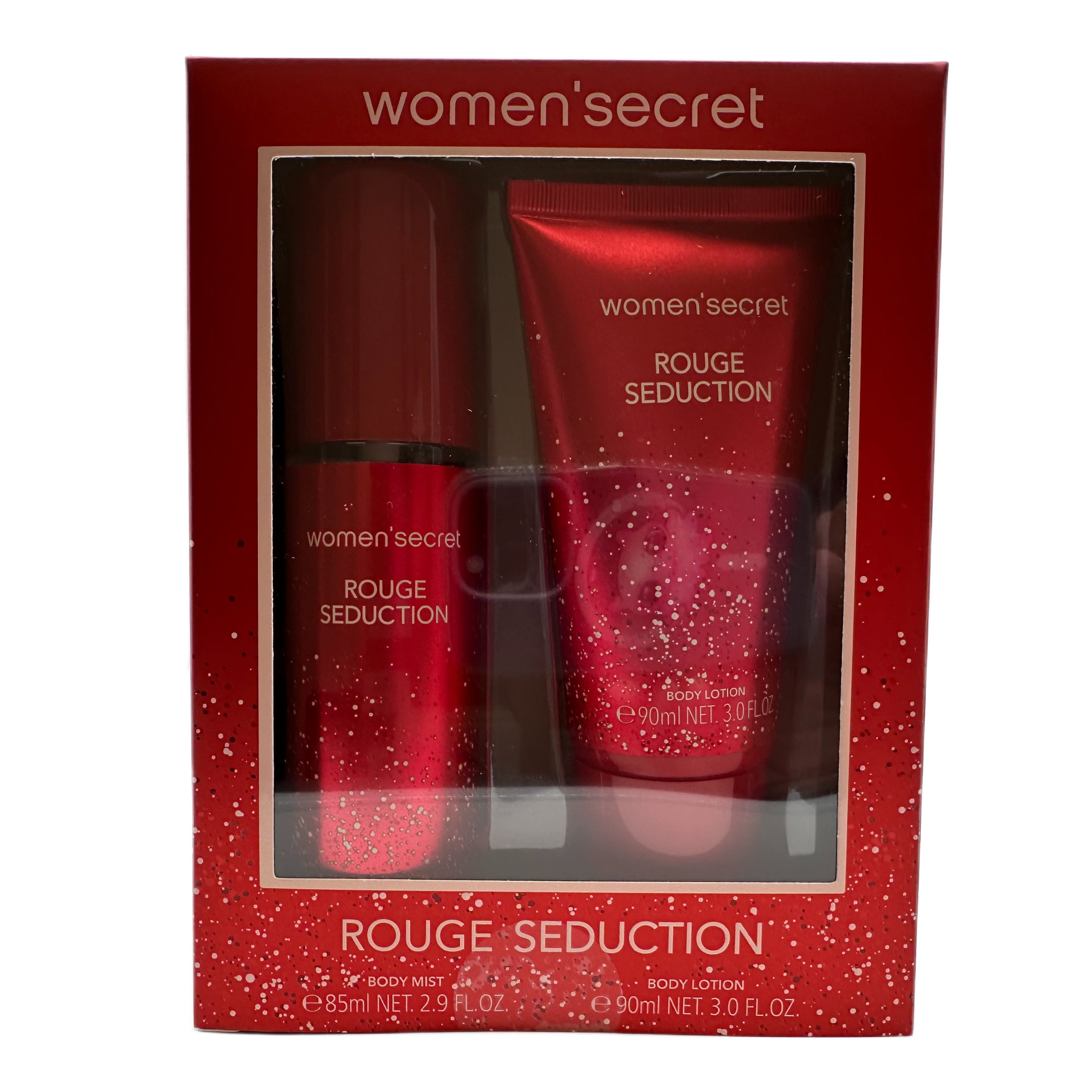 Geschenkset mit rotem Body Mist und Body Lotion. Verpackung mit "women'secret Rouge Seduction"-Logo.