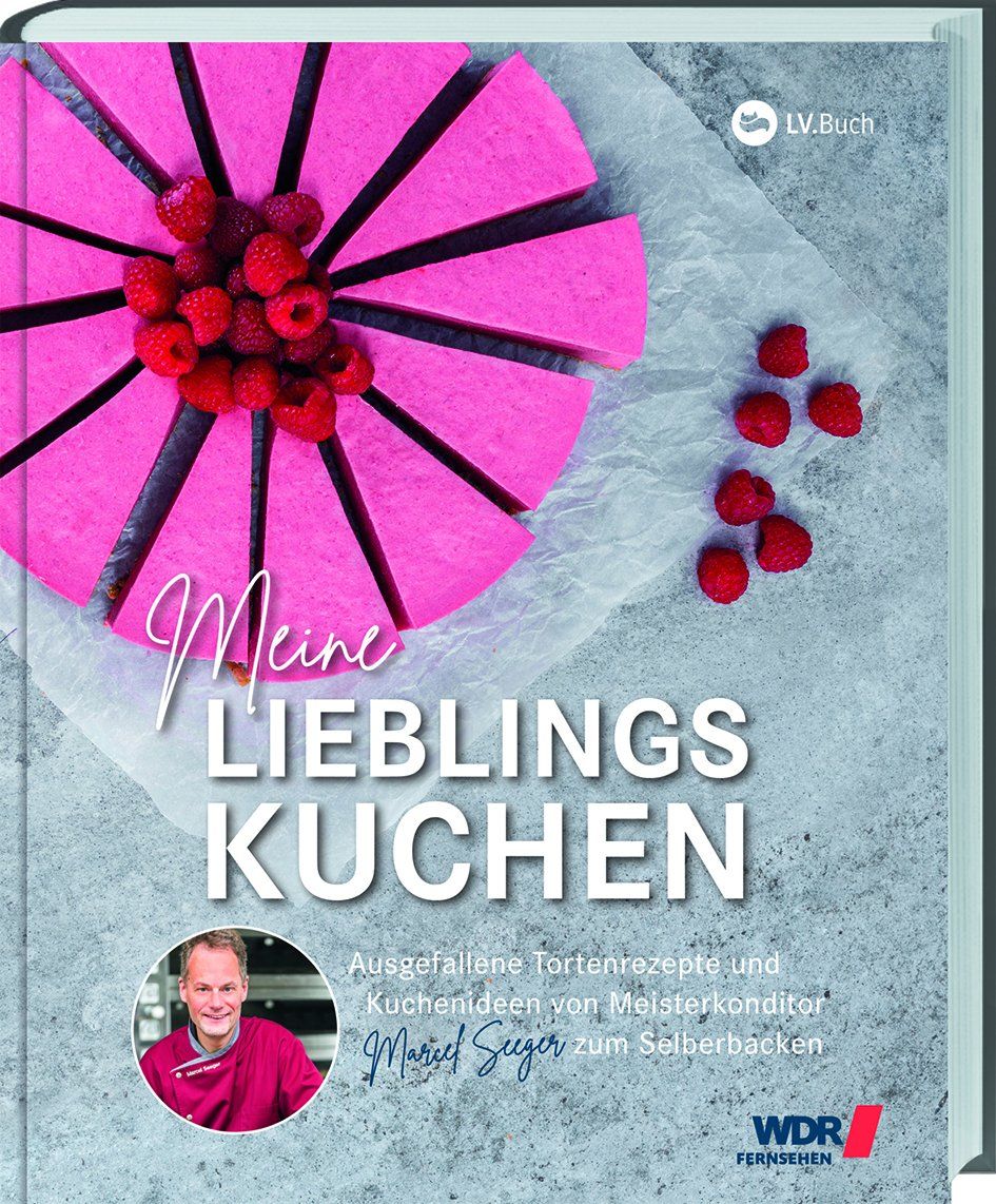 Buchcover mit rosa Kuchen, Himbeeren und Titel: Meine Lieblingskuchen. Autor: Marcel Seeger. Logo WDR Fernsehen.