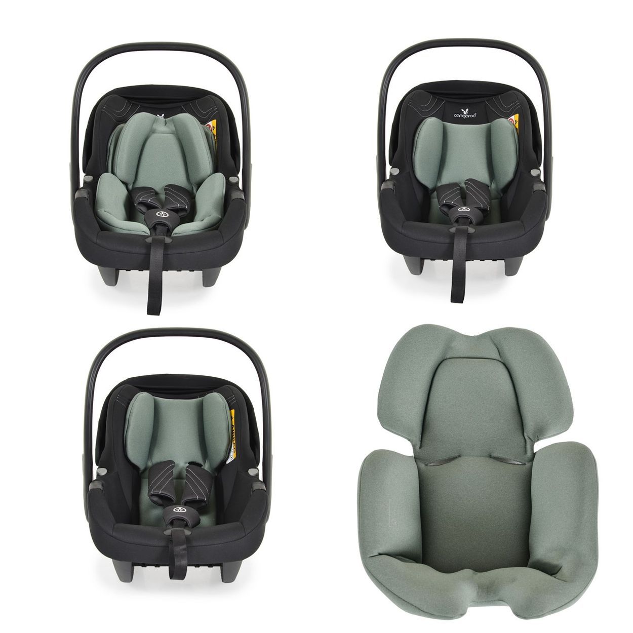 Babyschale mit verstellbarem Griff und Verdeck, grauer Stoffbezug, Seitenansicht.