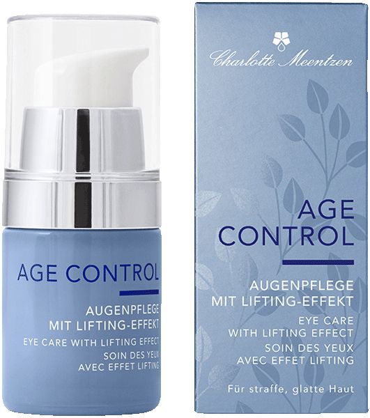 Augenpflege-Flakon und Verpackung. Flakon blau, silberner Verschluss. Verpackung blau mit Produktnamen und Logo.