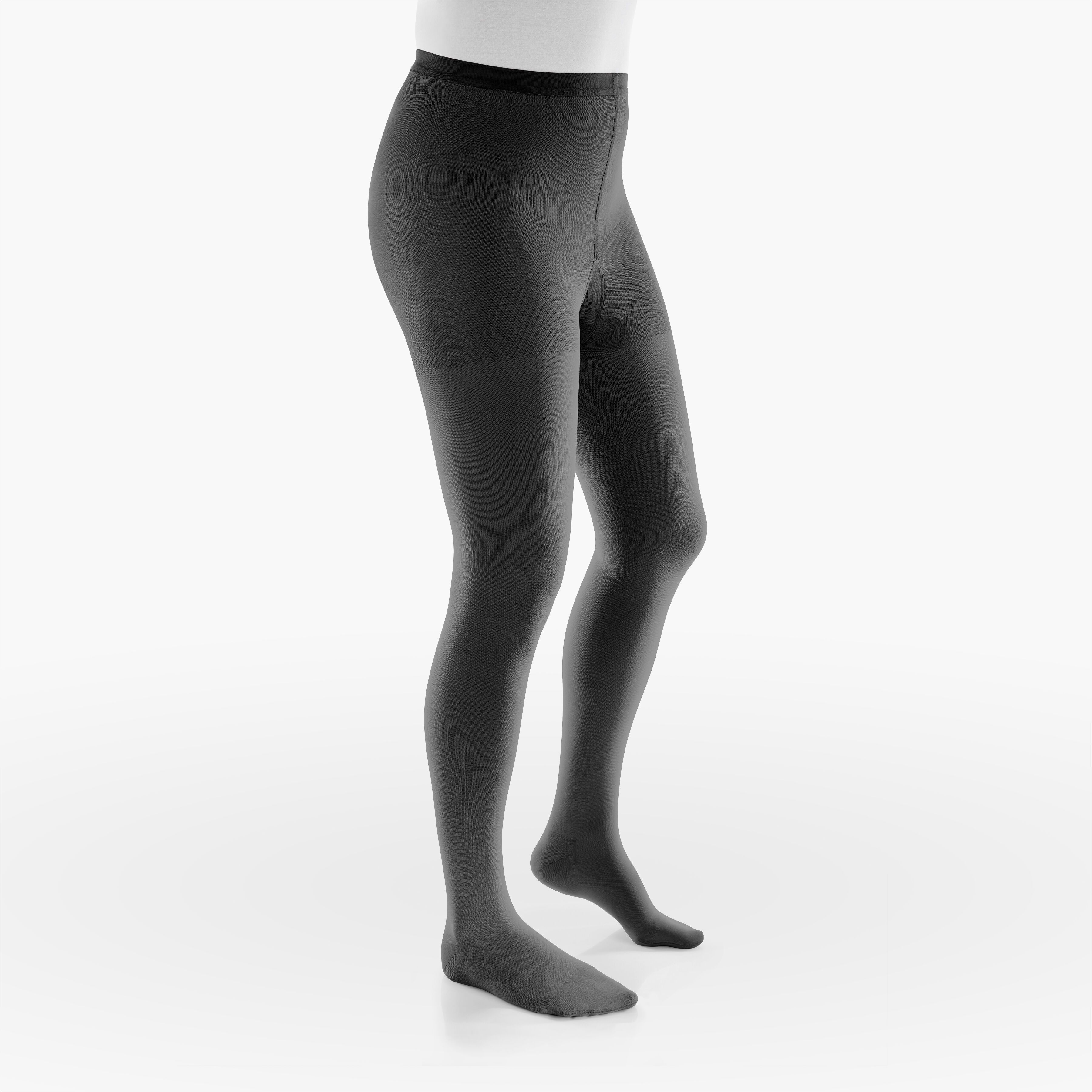 Schwarze Kompressionsstrumpfhose. Blick von der Seite. Hoher Bund.