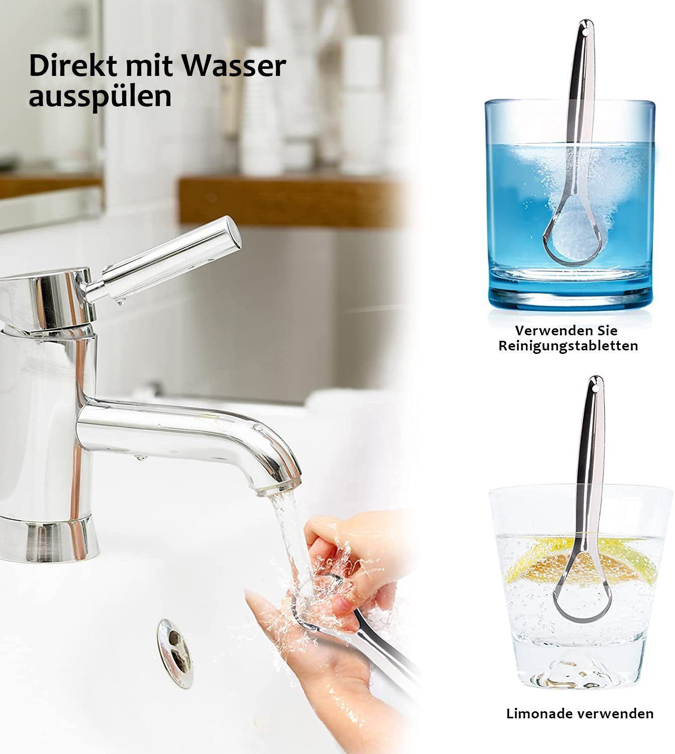 Zungenschaber wird mit Wasser und Reinigungstabletten gereinigt. Anwendung in Glas.