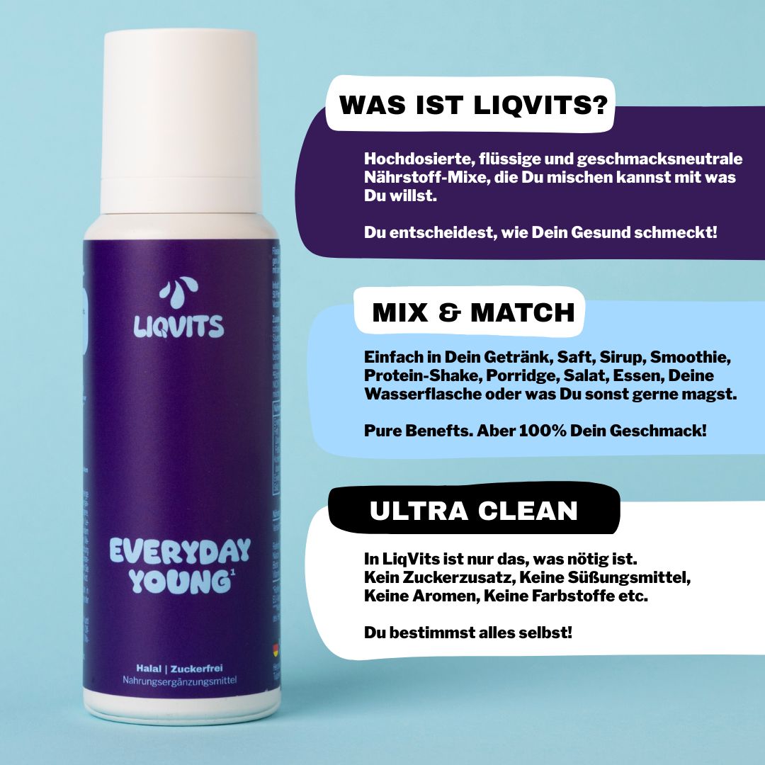 Lila Flasche mit weißem Deckel. Aufschrift: LiqVits Everyday Young. Text: Was ist LiqVits? Mix & Match. Ultra Clean. Halal, zuckerfrei.