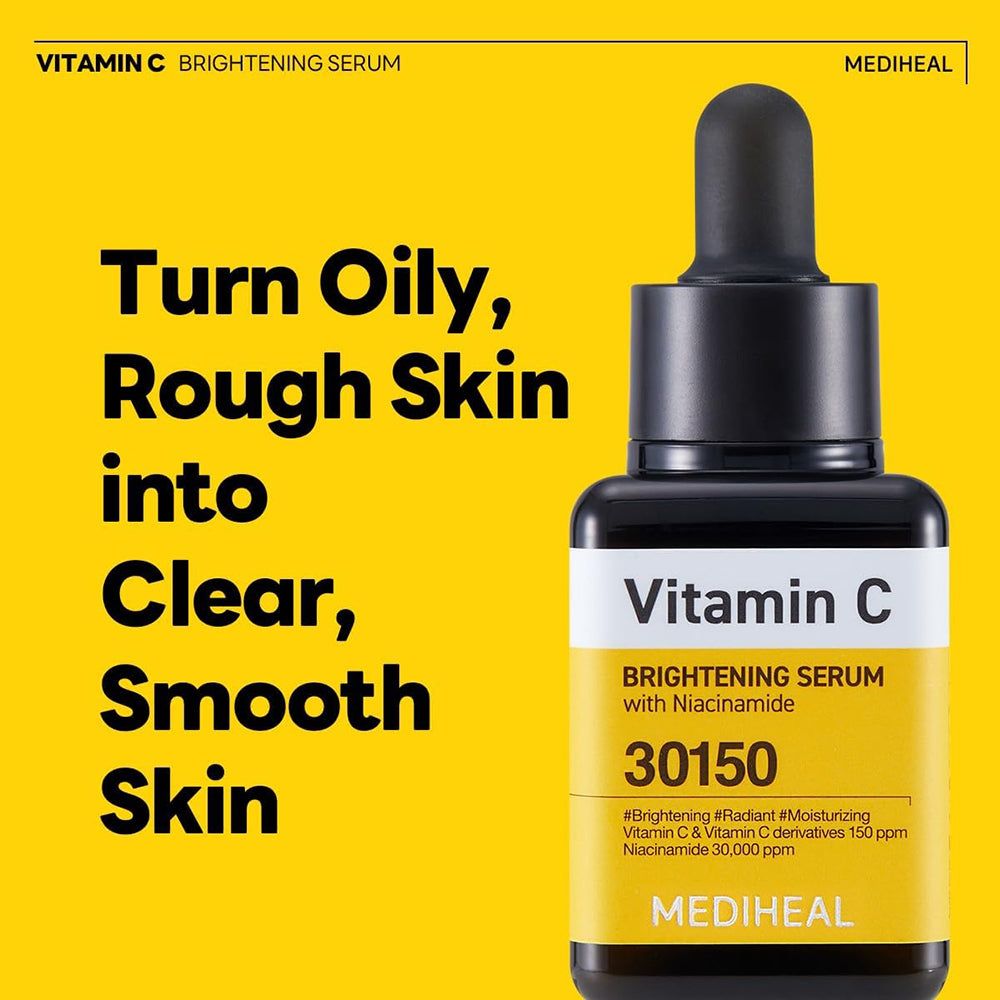 Mediheal Vitamin C Brightening Serum Flasche mit Pipette. Gelbes Etikett mit schwarzem Text.