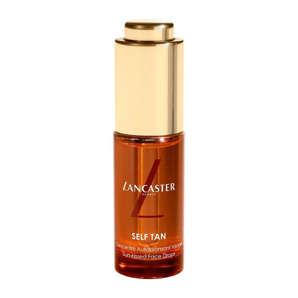 Braune Glasflasche mit goldfarbenem Deckel. Aufschrift: Lancaster, Self Tan, Sun-kissed Face Drops.