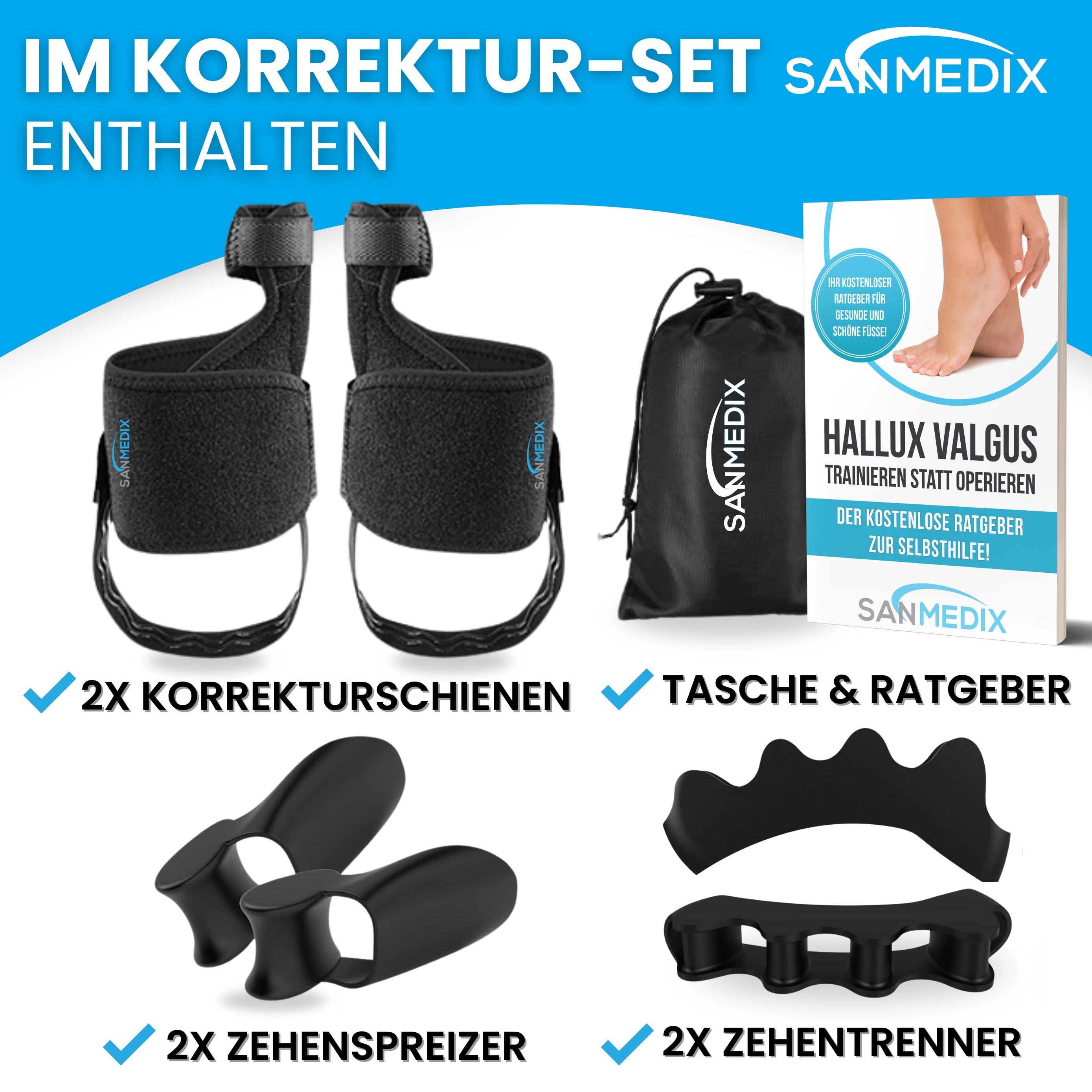 Korrektur-Set: 2 Korrekturschienen, Tasche & Ratgeber, 2 Zehenspreizer, 2 Zehentrenner. Sanmedix Logo.