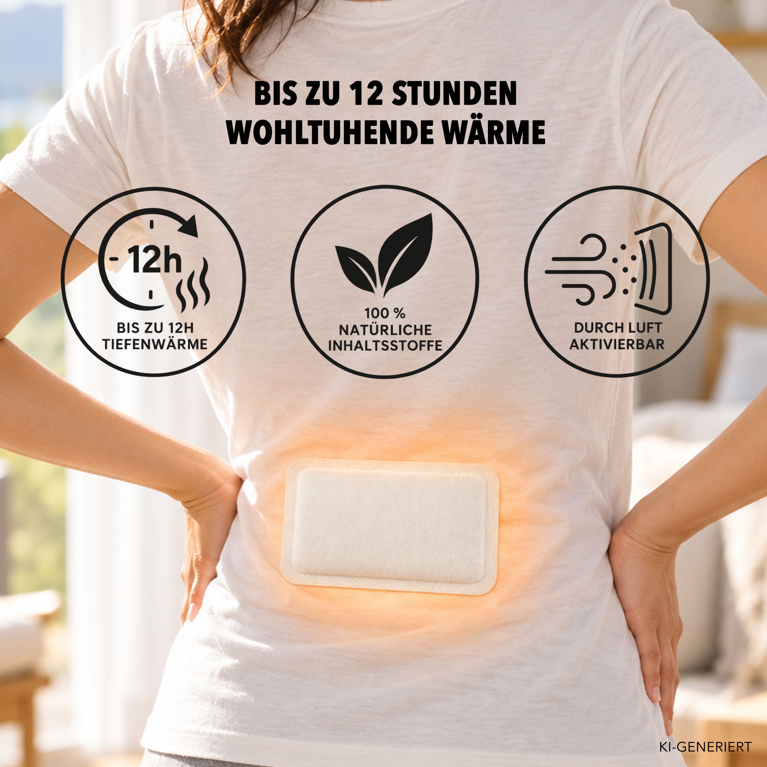 Frau mit einem Wärmepflaster auf dem unteren Rücken. Symbole für 12h Wärme, natürliche Inhaltsstoffe, luftaktiviert.