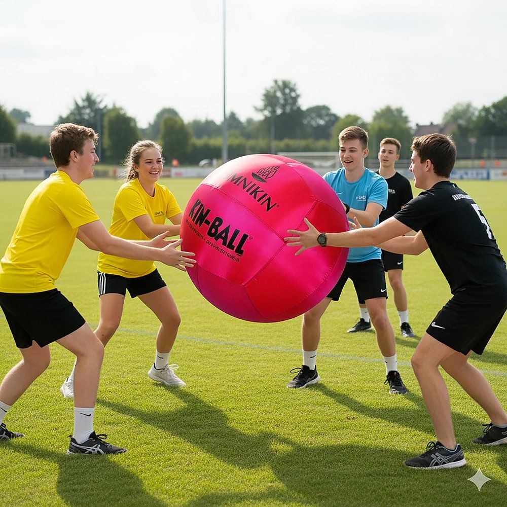 Kin-Ball, rot. Mehrere Jugendliche spielen auf einem Rasen. Das Produkt wird von mehreren Jugendlichen gehalten.