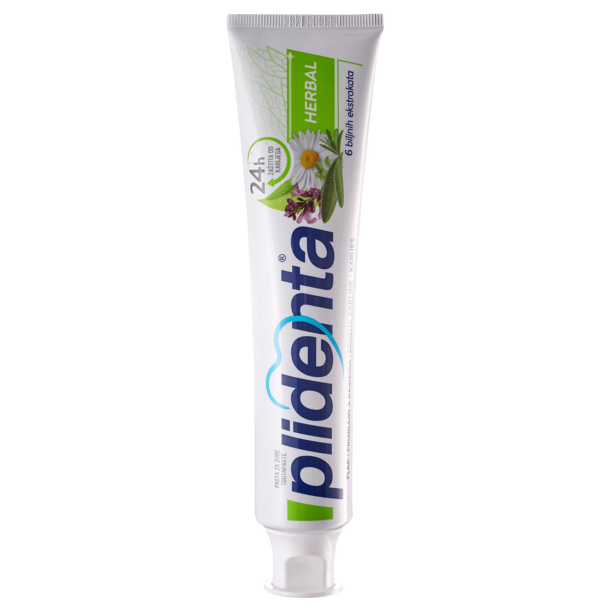 Zahnpasta-Tube "plidenta Herbal". Weiß, mit grünen Akzenten. Aufschrift "Herbal" und "6 Kräuterextrakte".