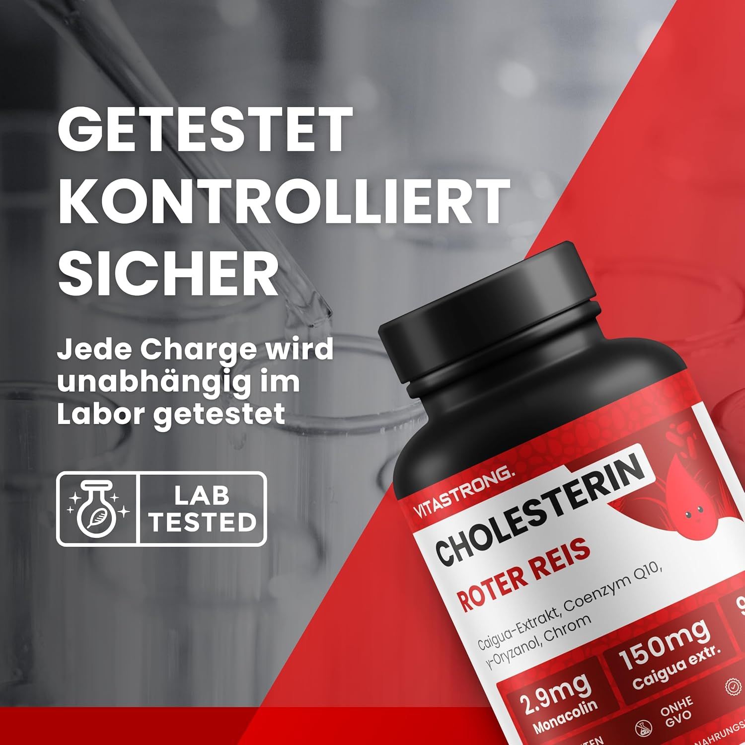 Labor-Test-Symbol neben einer Flasche. Text: Getestet, kontrolliert, sicher. Jede Charge wird im Labor getestet.
