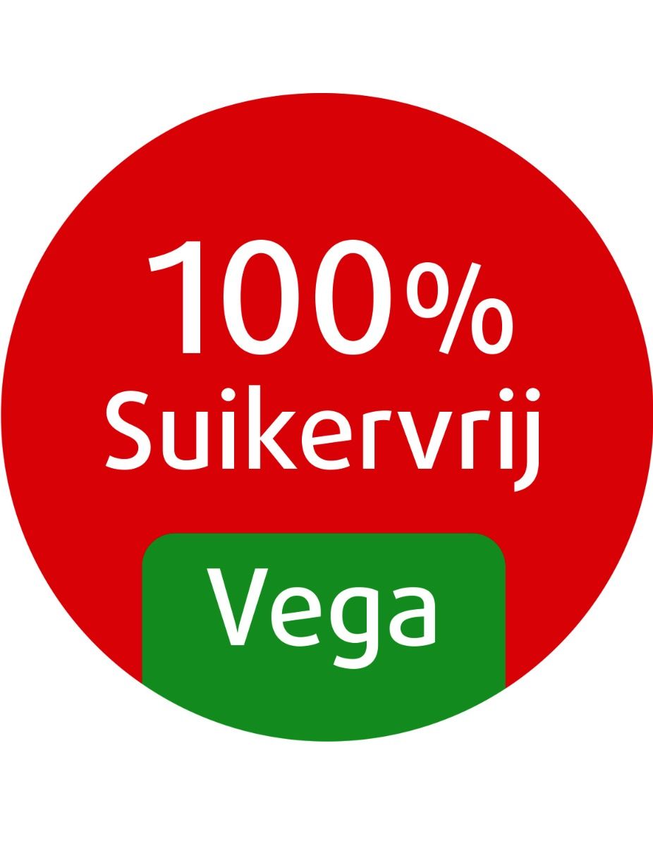 Runder roter Aufkleber mit weißem Text: '100% Suikervrij' und grüner Text 'Vega'.
