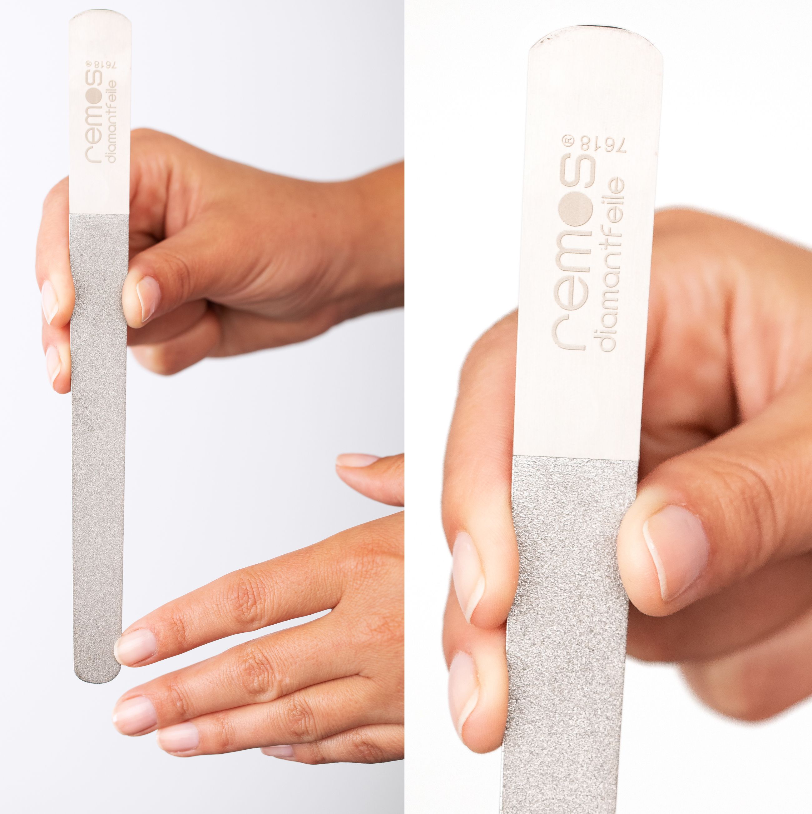 REMOS Diamantnagelfeile, sehr grob/fein, 20 cm. Person feilt Nägel, silberfarbene Feile mit Diamantbesatz.