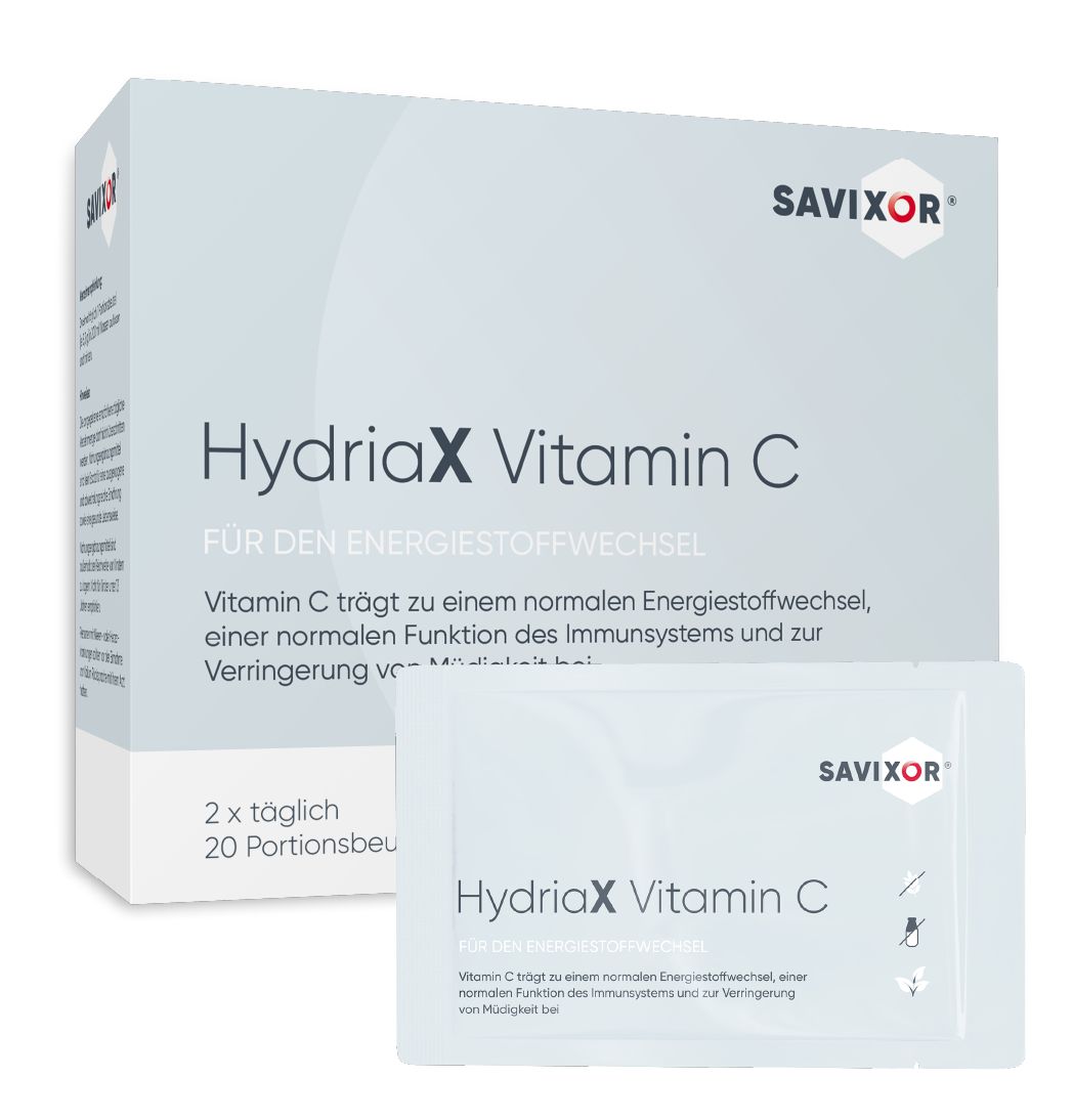 Savixor HydriaX Vitamin C Packung und ein Beutel. Aufschrift: HydriaX Vitamin C. 20 Portionsbeutel. Produkt und Verpackung.