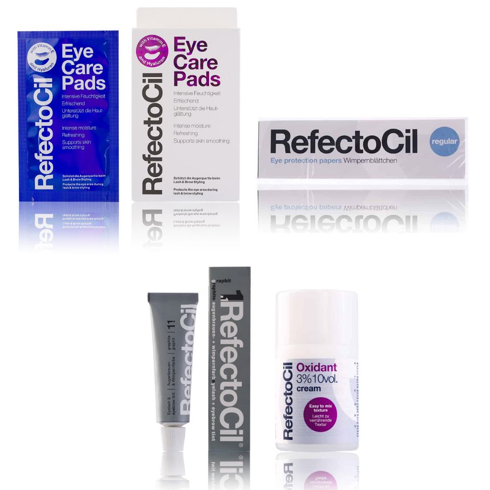 Refectocil Wimpernfarbe graphit 1.1 & Oxidant Creme 3% Wimpernblättchen Eye Care Pads Set 15 ml