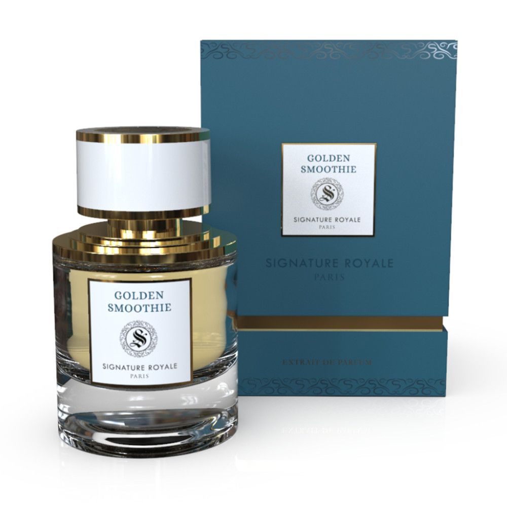 Parfümflakon mit goldfarbenem Verschluss und Etikett. Blaue Verpackung mit Logo und Schriftzug.