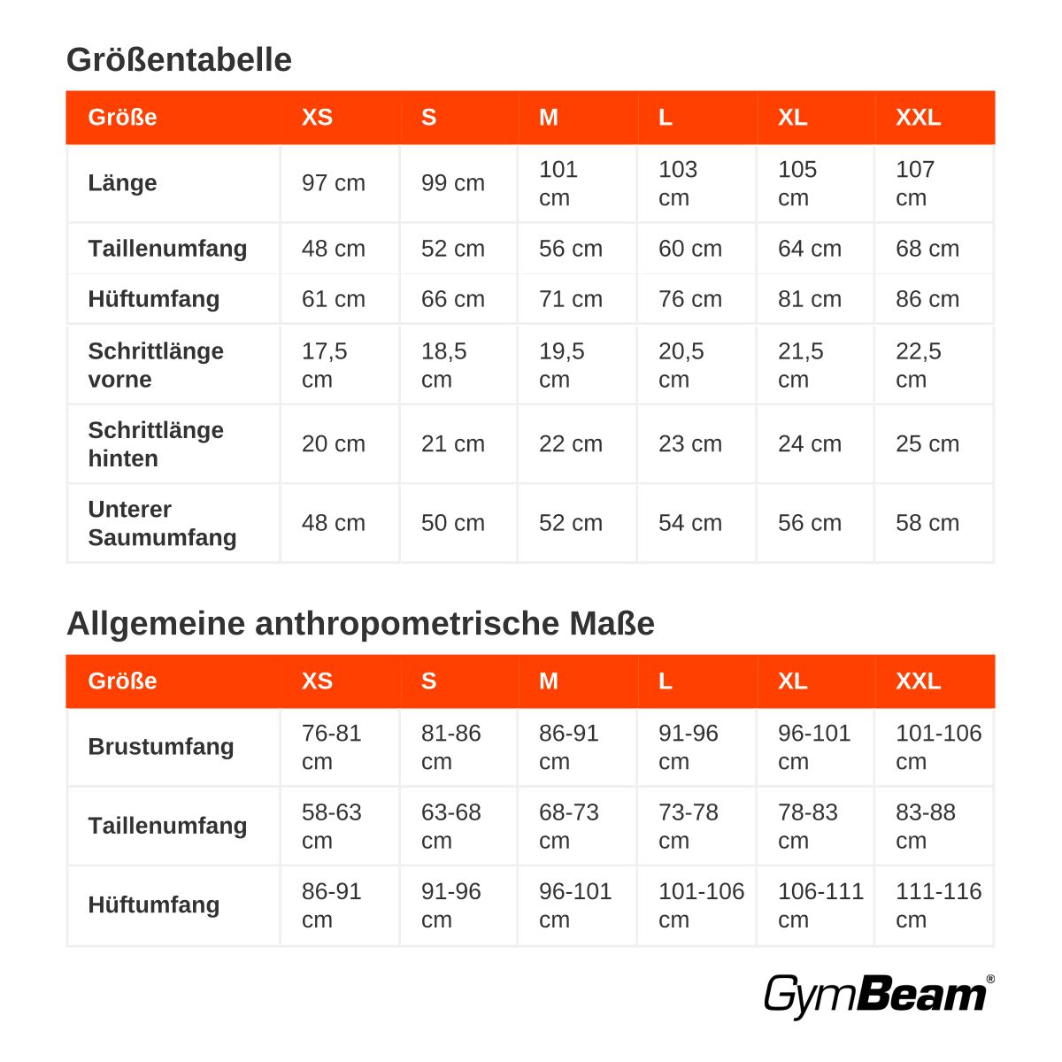 Größentabelle für Damen-Leggings mit Maßen in cm.