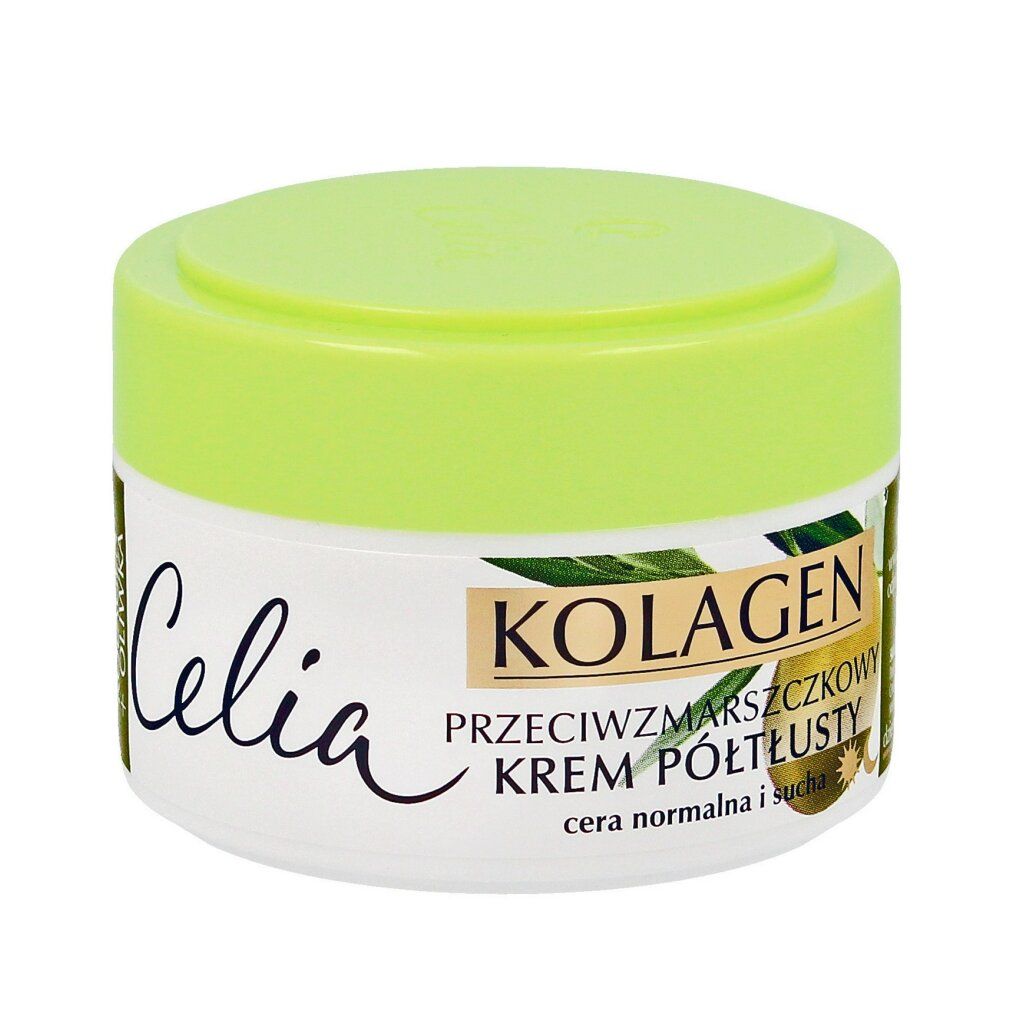 Cremebehälter mit grünem Deckel. Celia-Logo und Text: Kolagen, Anti-Falten, Halbfettcreme für normale Haut.