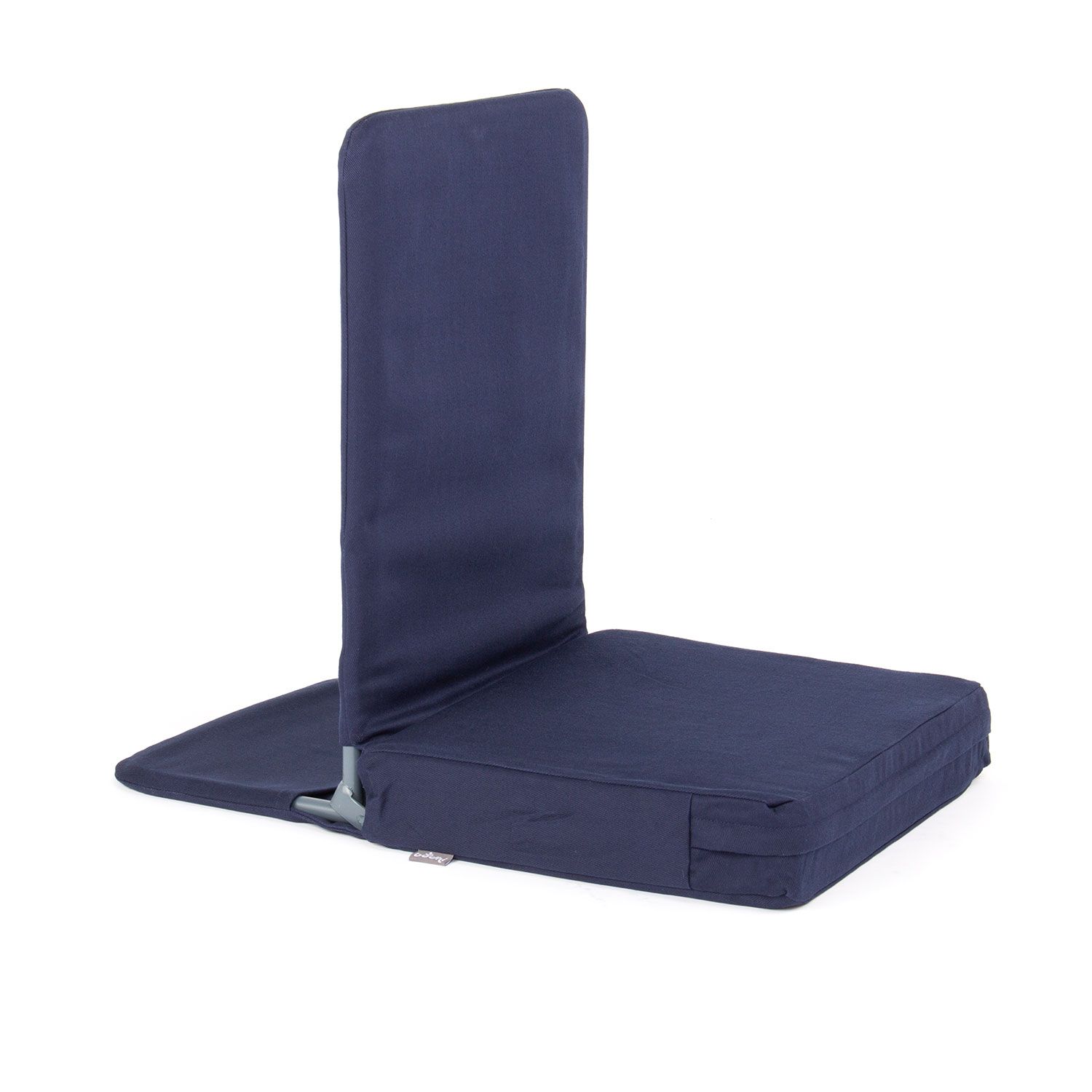 Chaise de sol pliable bleue avec dossier et assise. Structure métallique. Vue latérale.