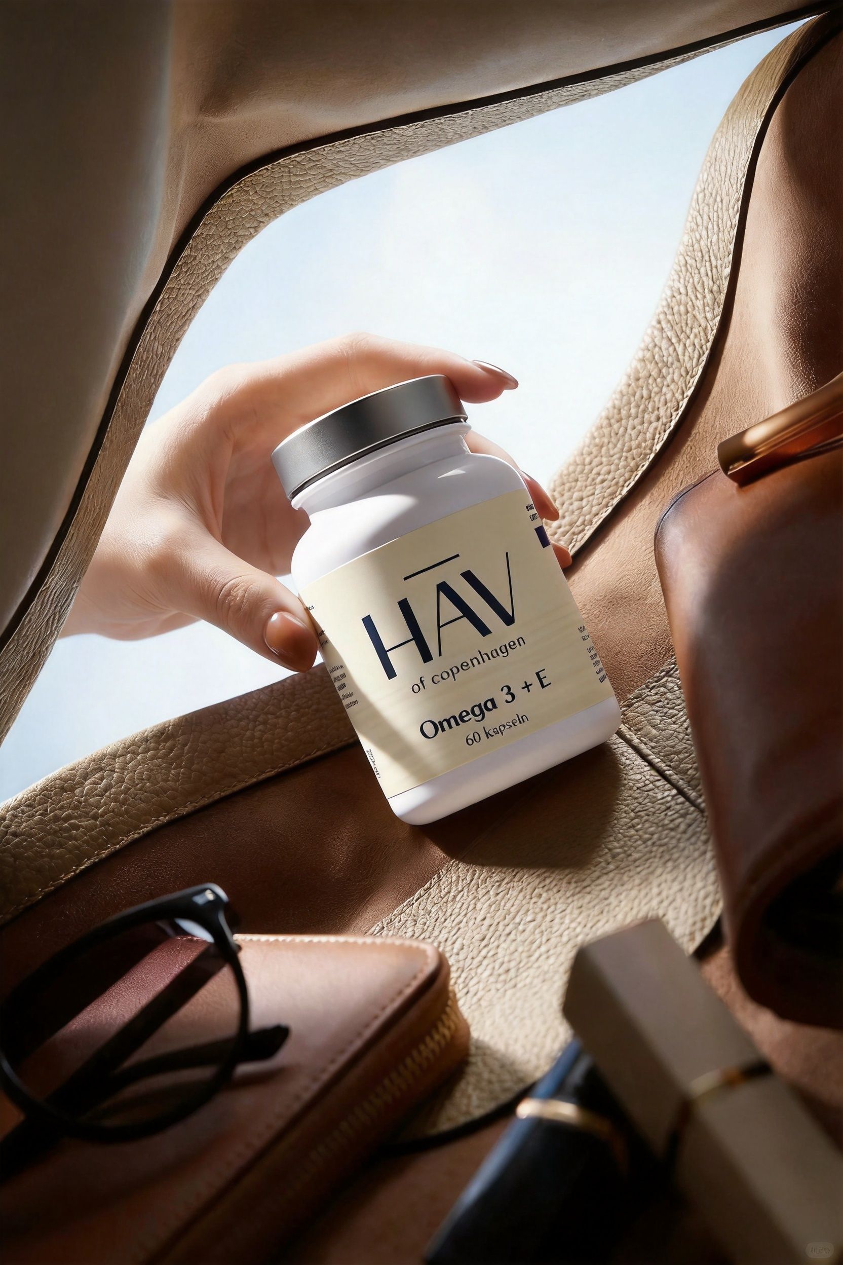 Hand hält eine HAV Omega 3 + E Kapseldose in einer Handtasche.
