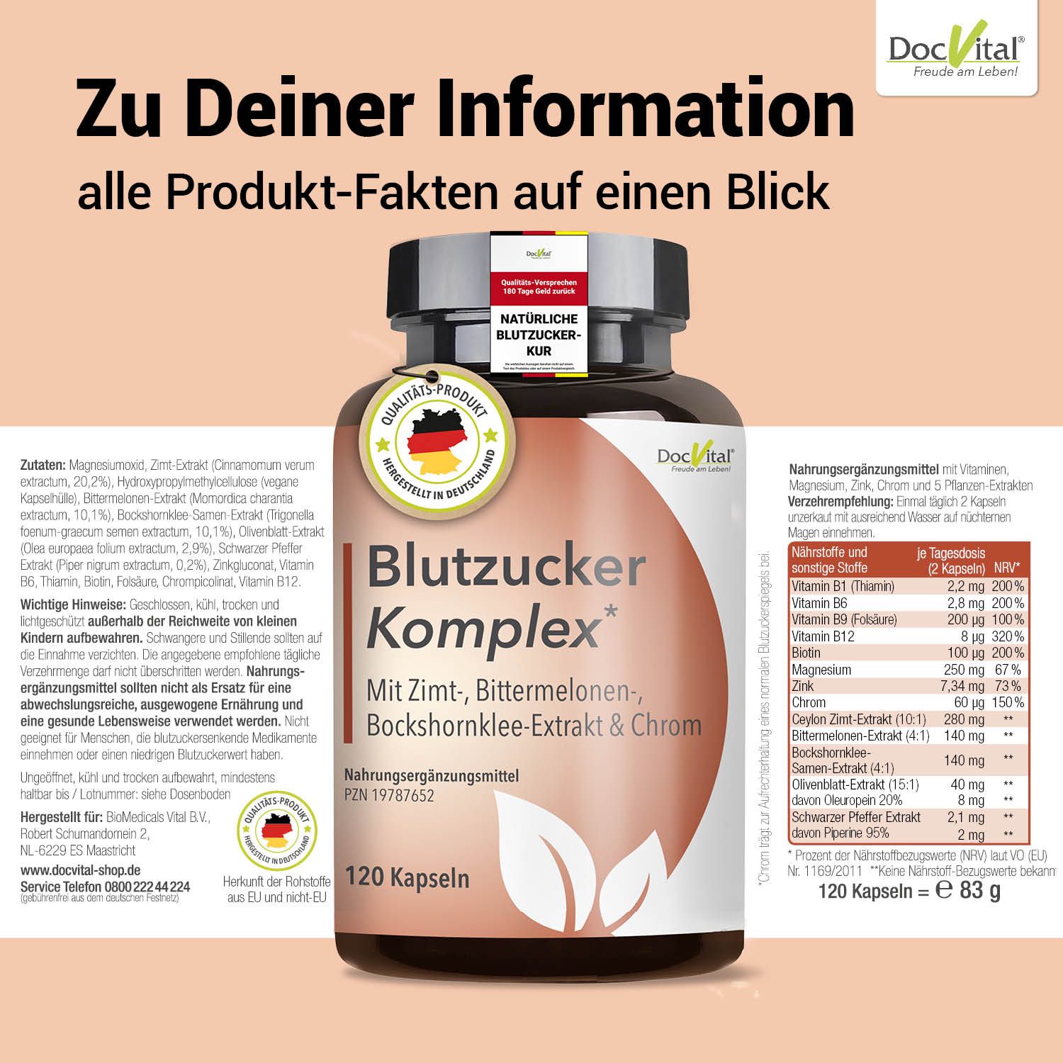 Dose DocVital® Blutzucker Komplex mit Nährwertangaben und Siegeln.