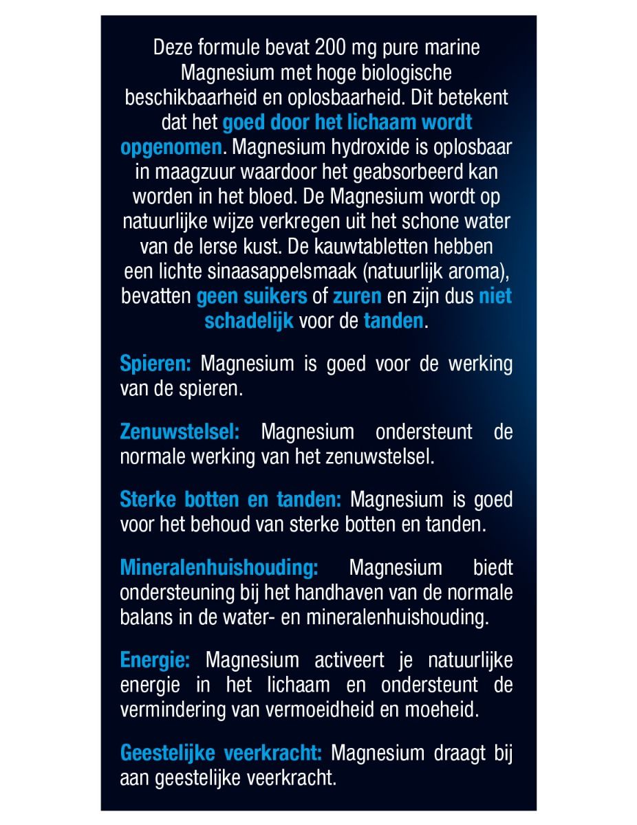 Informationen über Magnesiumpräparat: 200 mg reines Meeresmagnesium, gut bioverfügbar, löslich, mit Orangengeschmack.